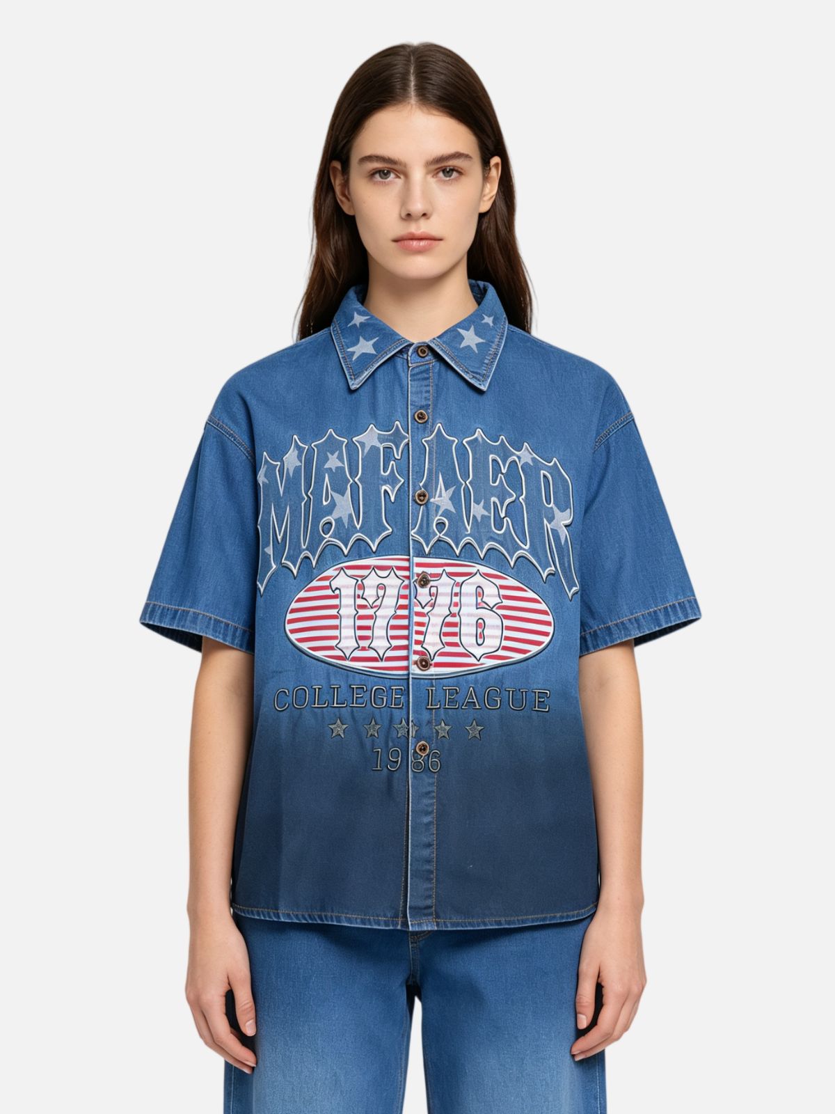 Haaura Boxy Star Collar Collegiate Graphic Denim Shirt