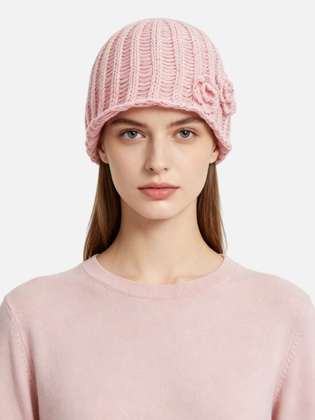 Crochet Floral Appliqué Slouchy Beanie