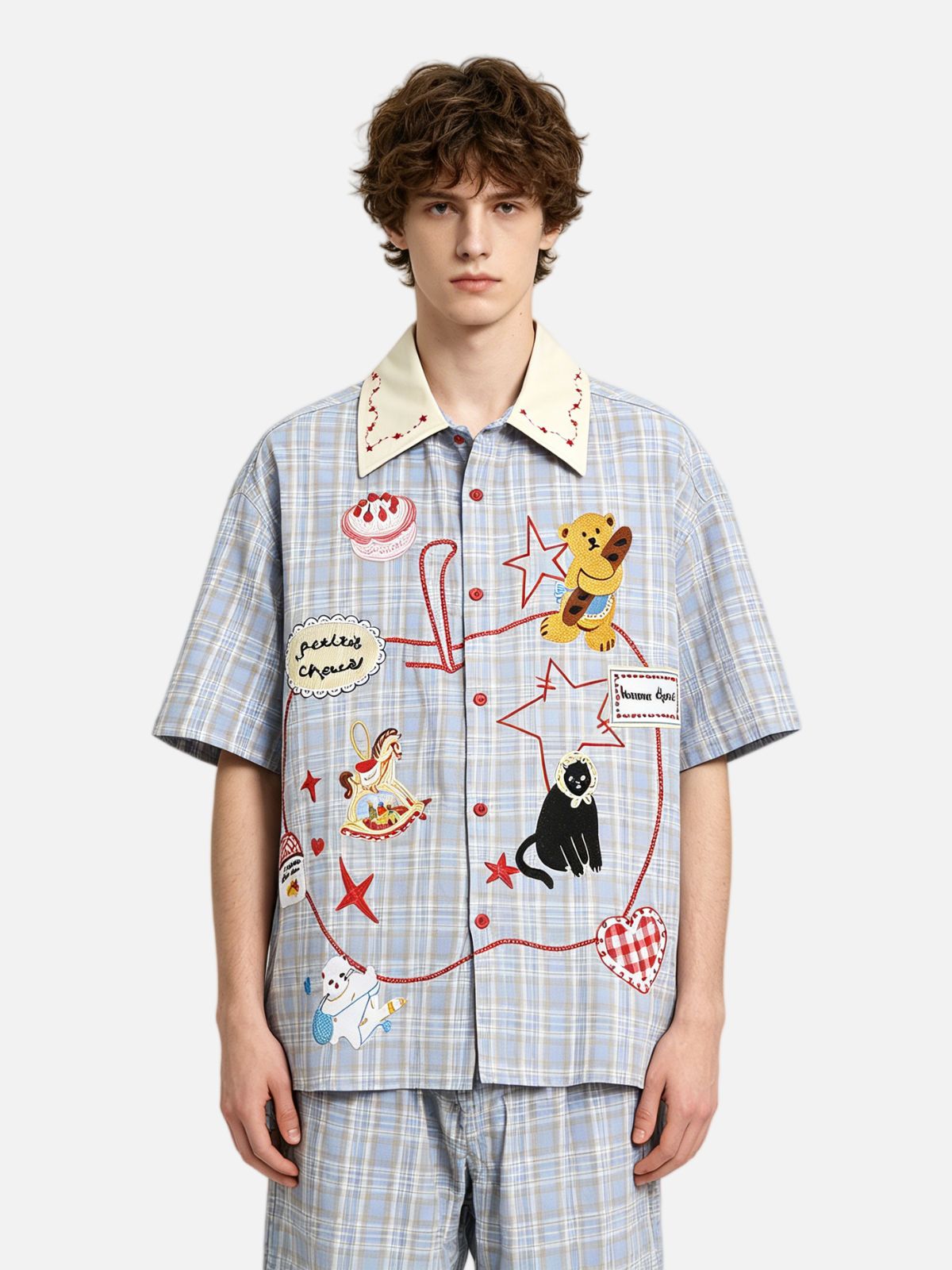 Haaura Bear & Cat Embroidery Shirt