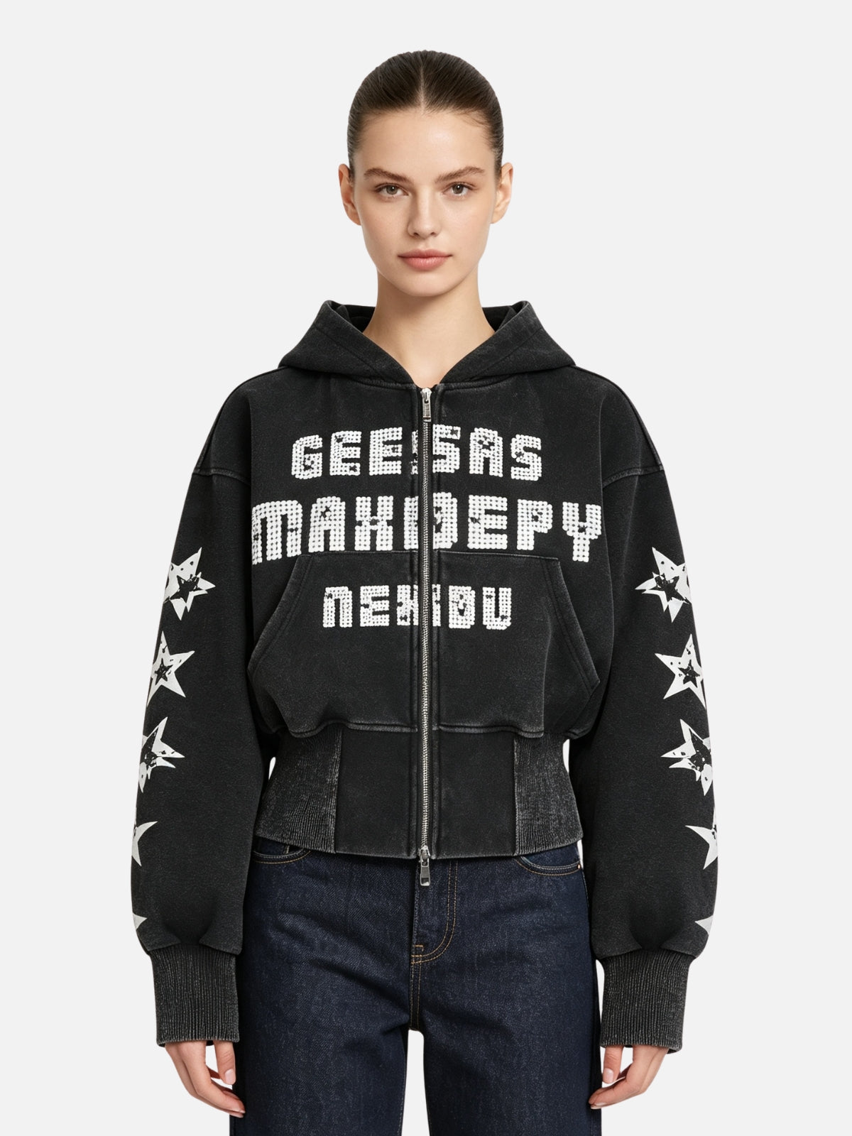 Haaura Washed Rhinestone Star Zip Up Hoodie