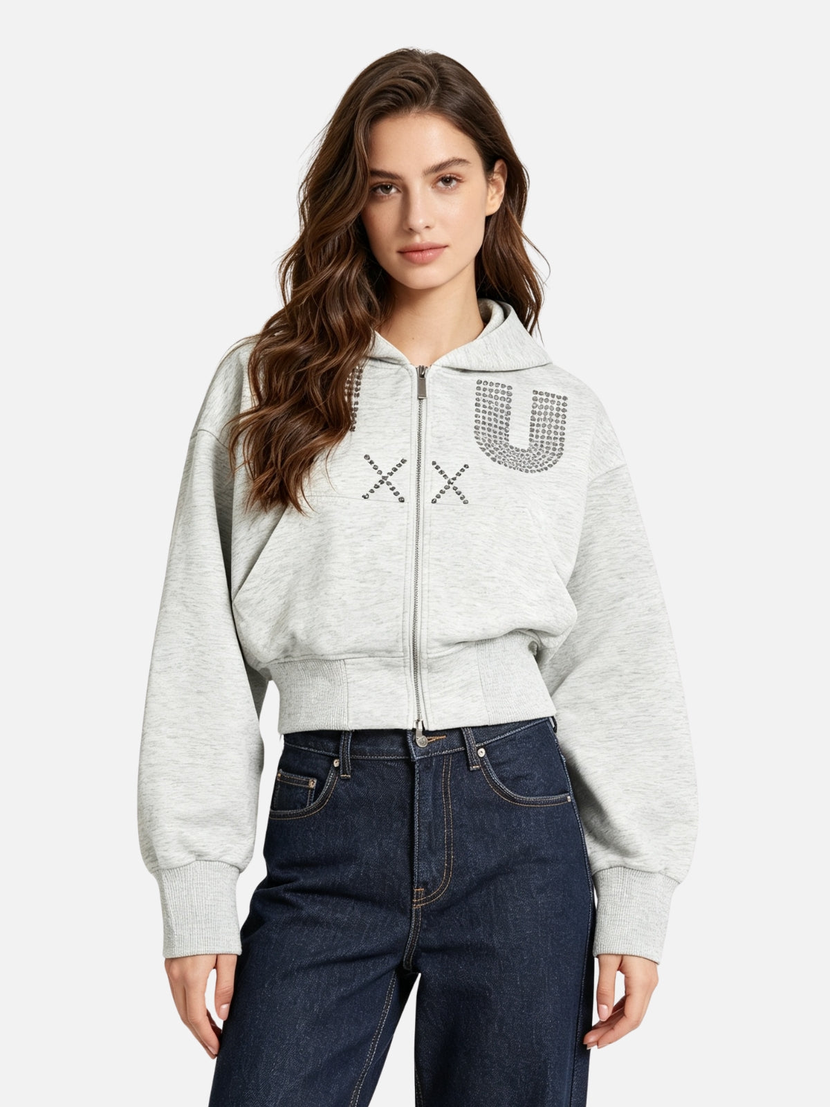 Haaura Rhinestone Letter Zip Up Hoodie