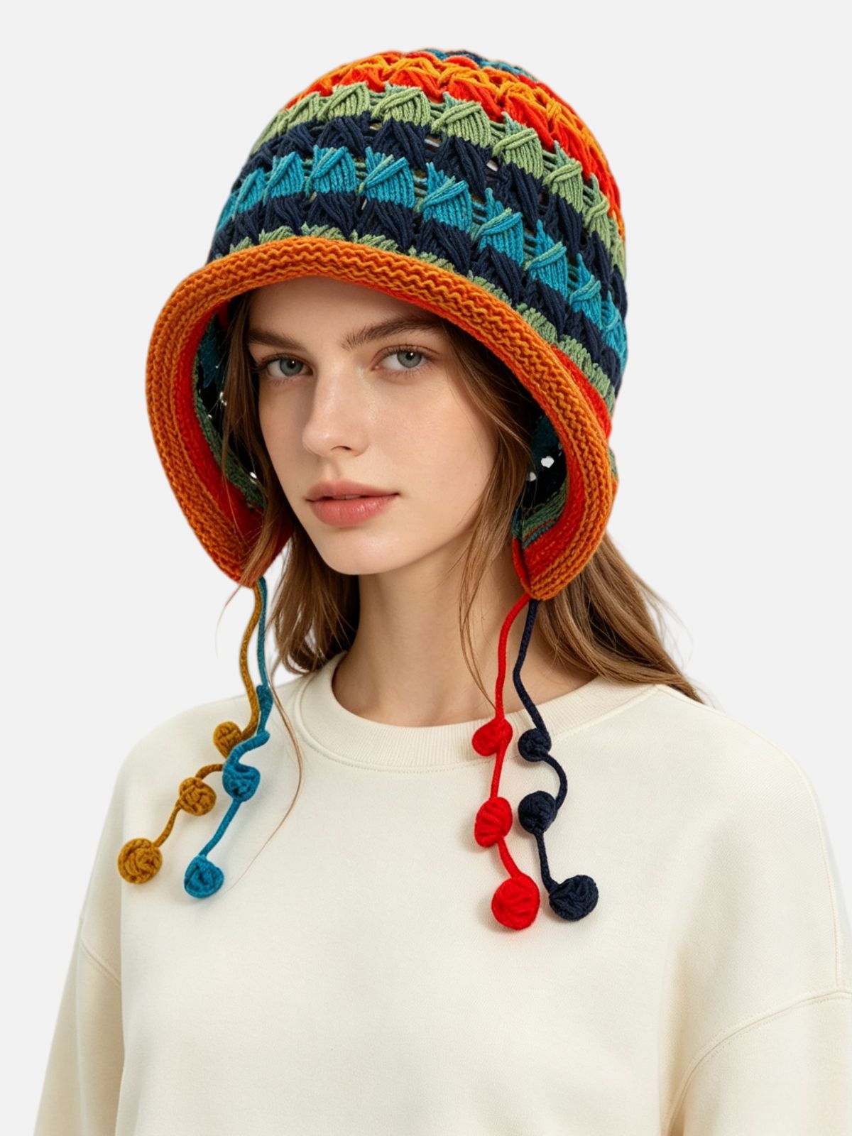 Striped Knit Braided Tie Ear-Flap Beanie