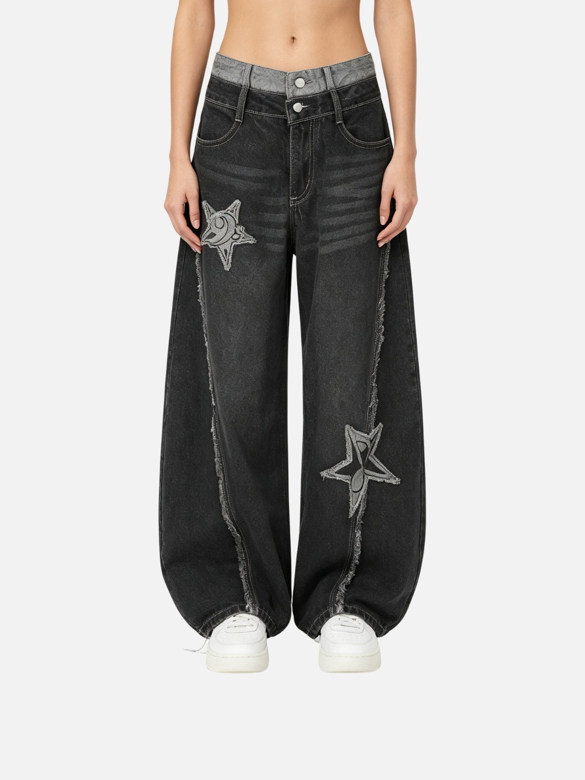 Haaura Contrast Waist Frayed Star Baggy Jeans