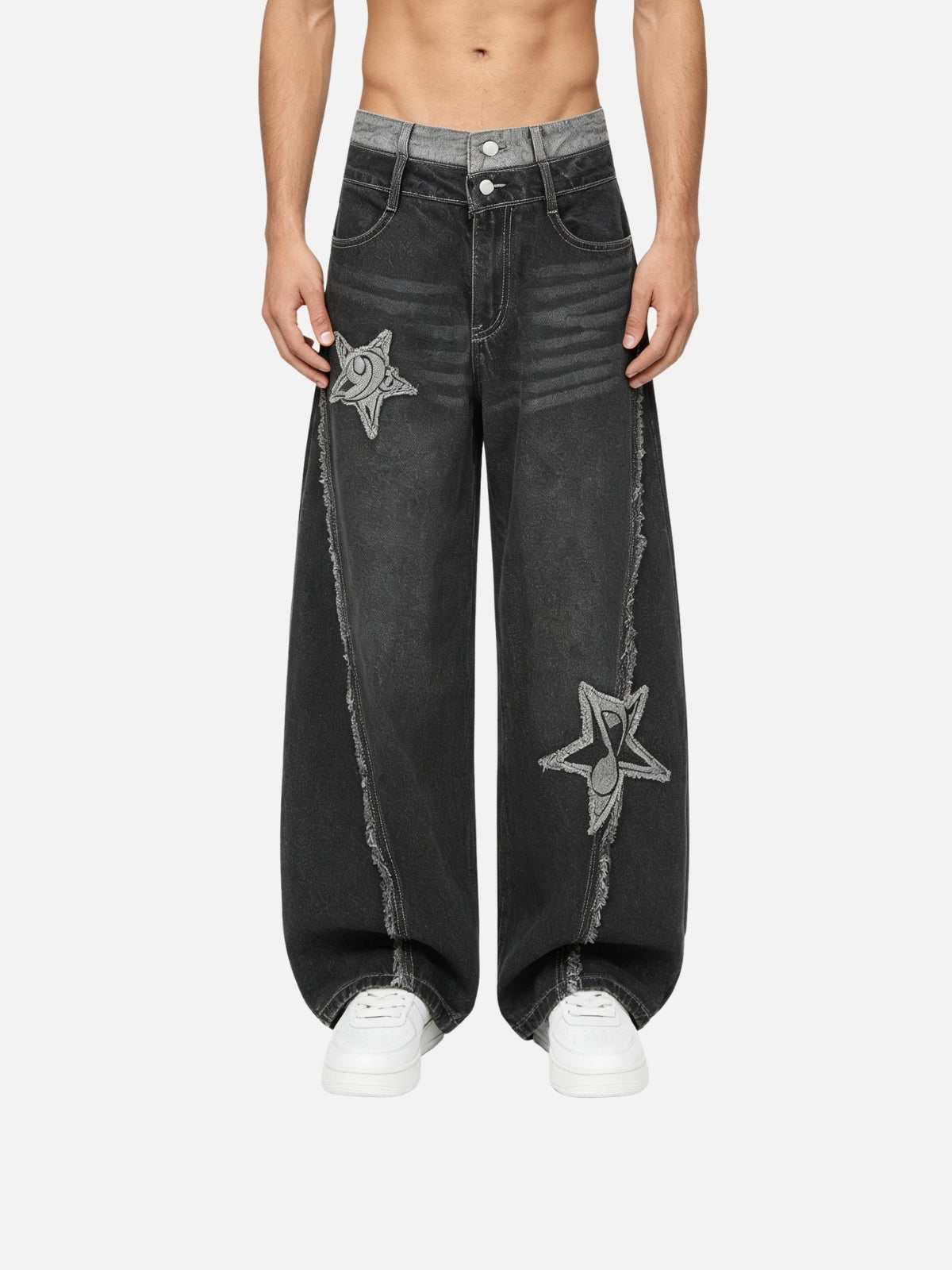 Haaura Contrast Waist Frayed Star Baggy Jeans
