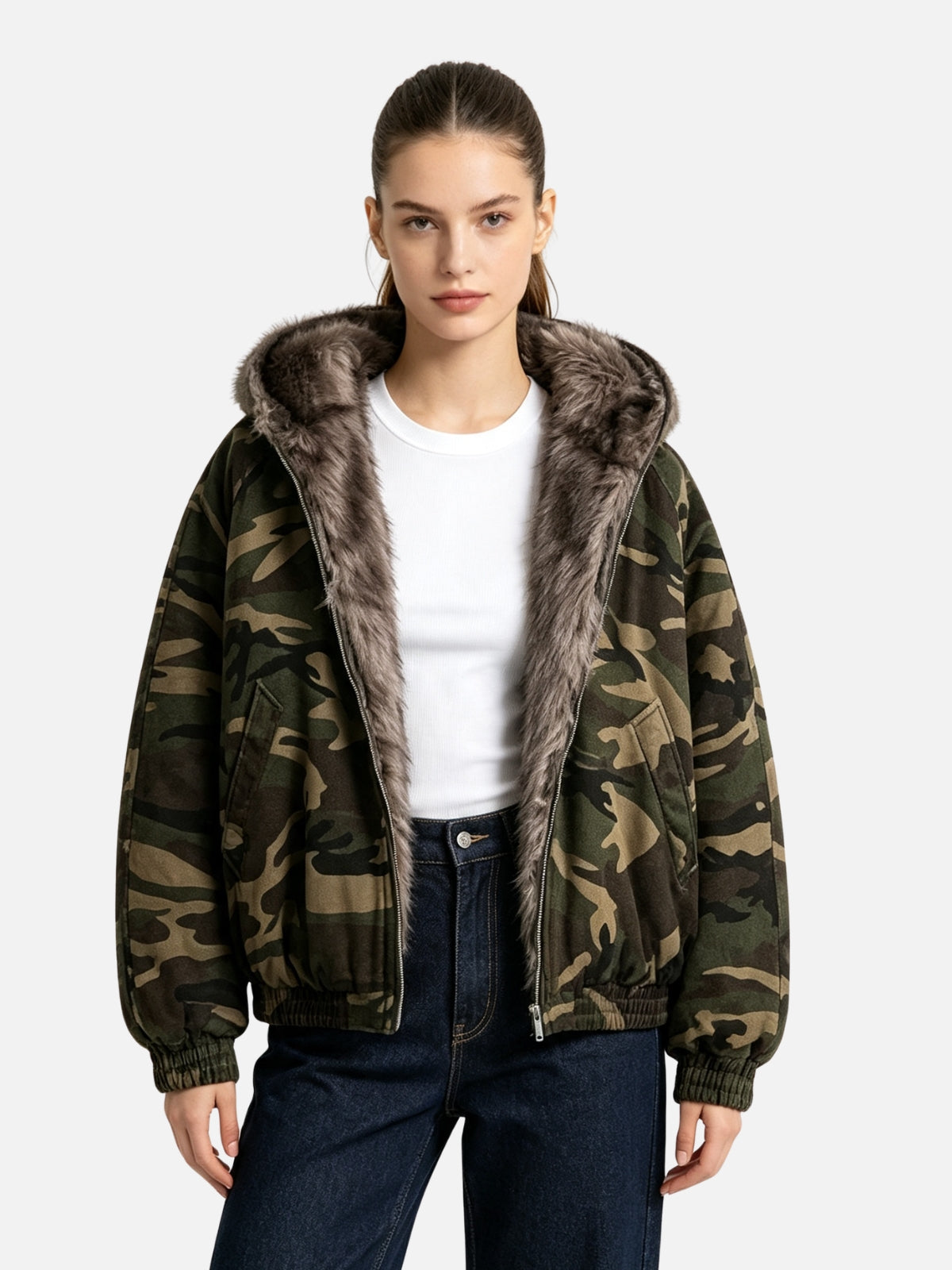 Haaura Camo Faux Fur Hooded Jacket