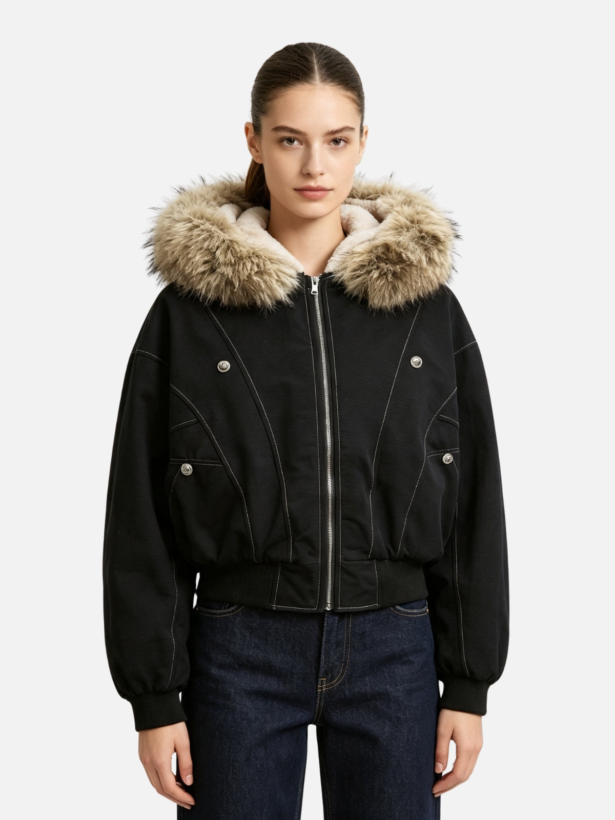 Haaura Faux Fur Trim Contrast Stitch Jacket