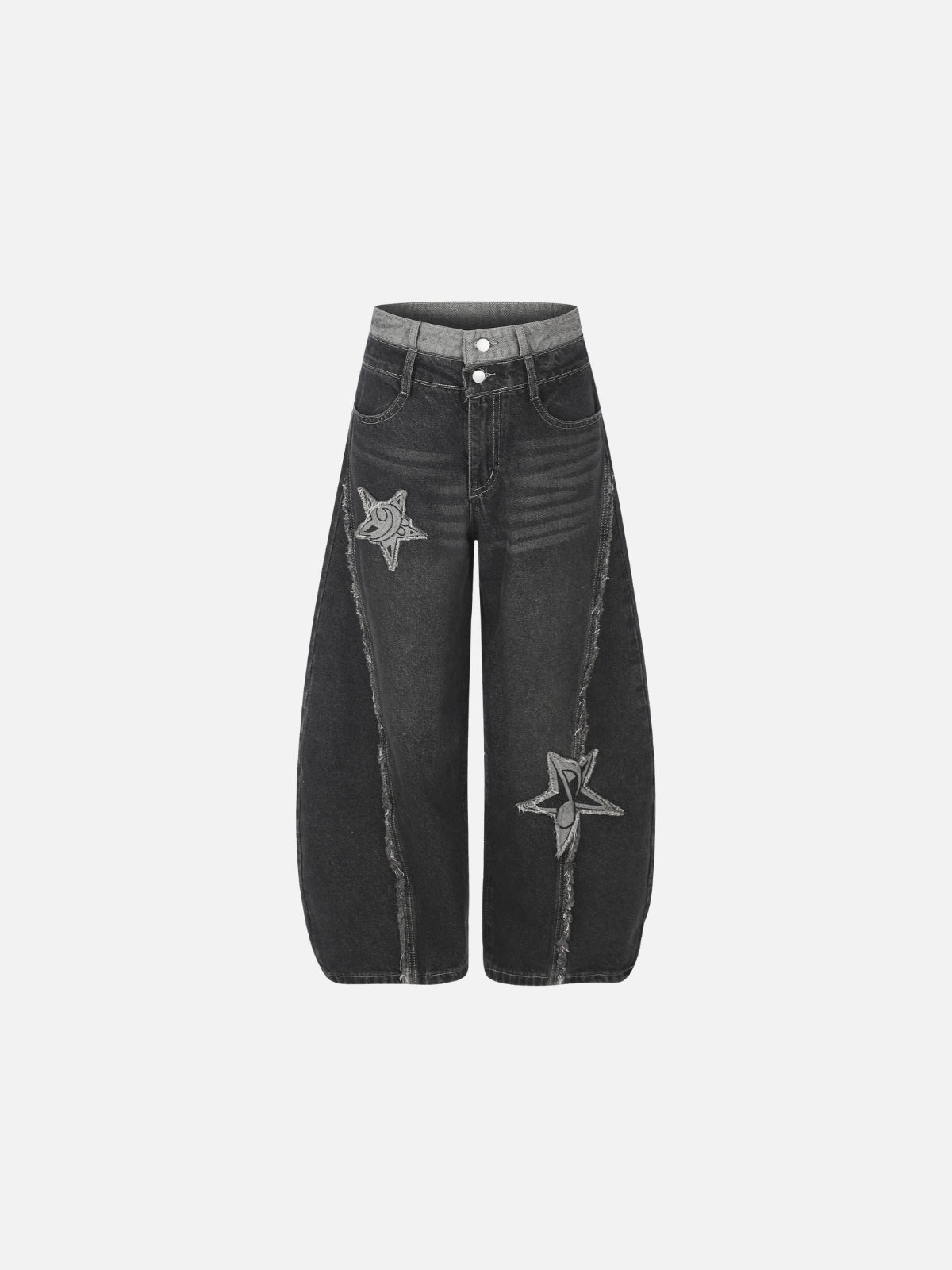 Haaura Contrast Waist Frayed Star Baggy Jeans