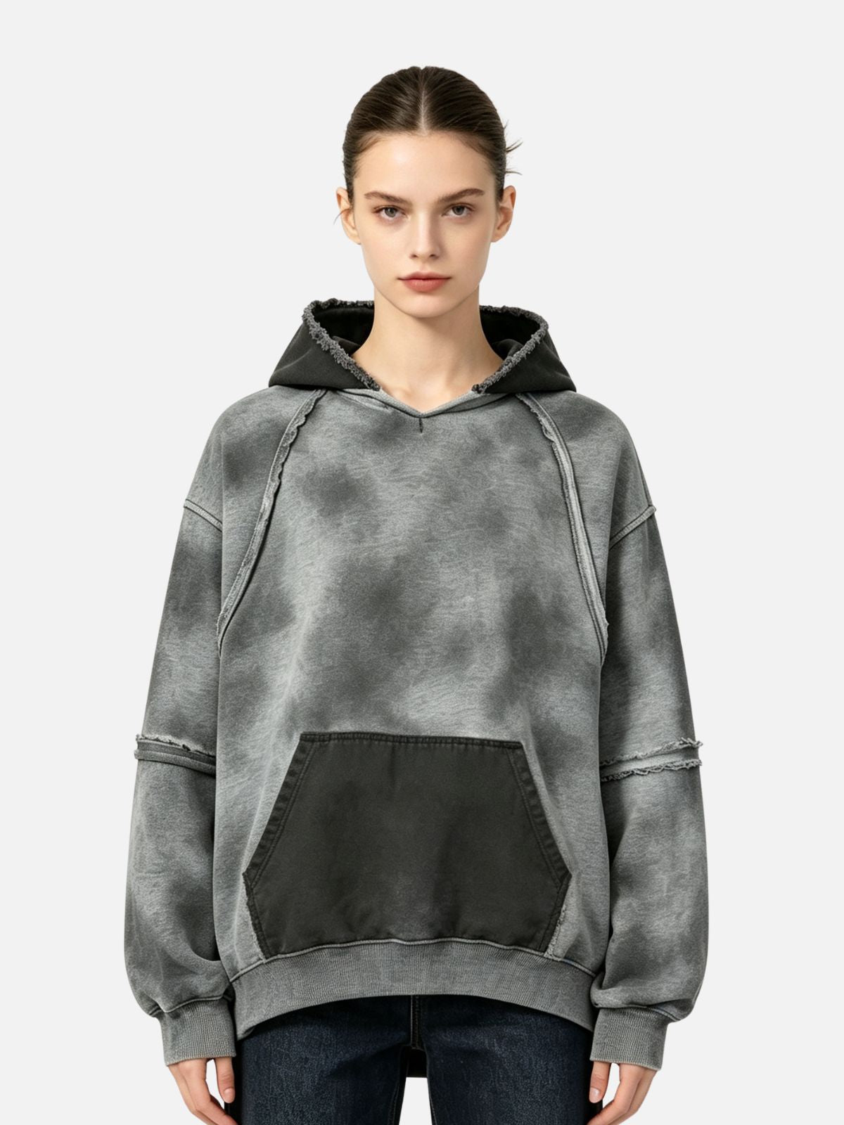 Haaura Acid Wash Raw Edge Hoodie