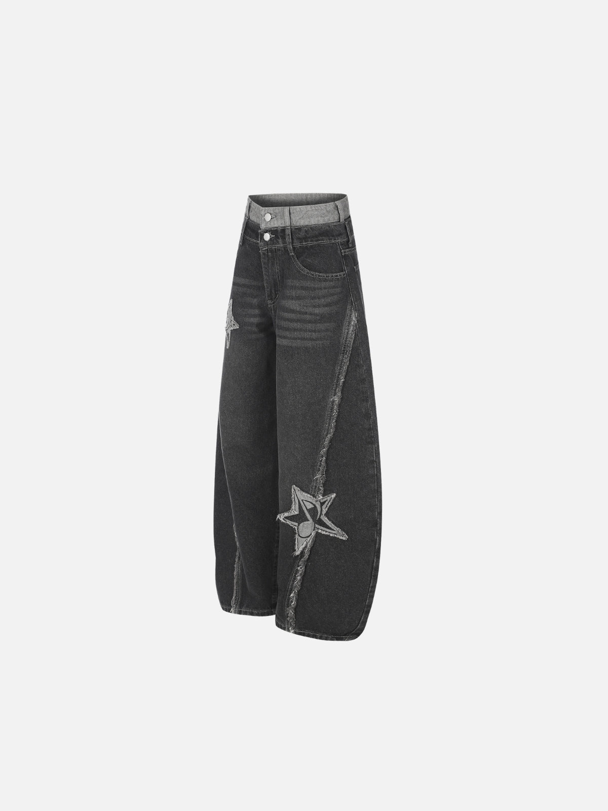 Haaura Contrast Waist Frayed Star Baggy Jeans