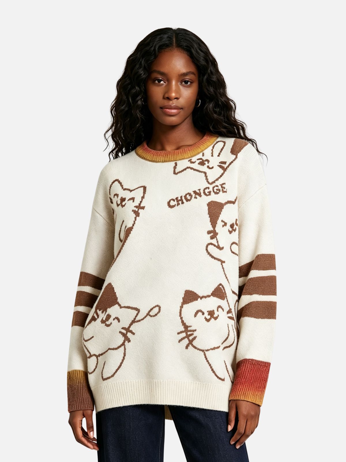 Haaura Line Art Cat Stripe Sweater