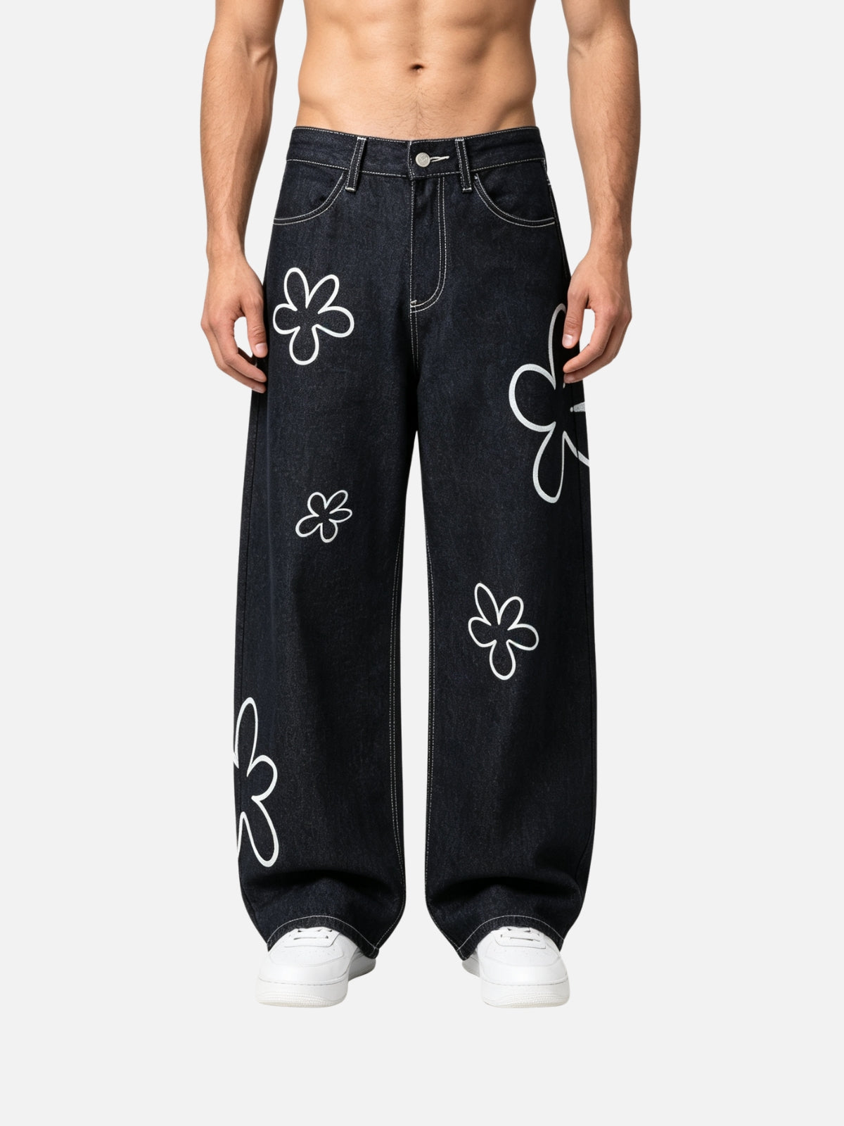 Haaura Line Art Floral Baggy Barrel Jeans