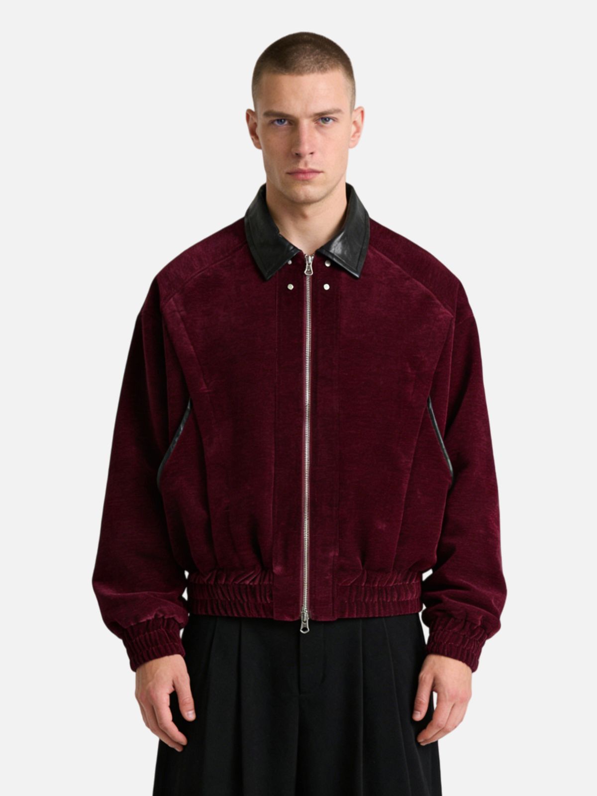 Haaura Velvet Notched Lapel Leather-Trim Jacket