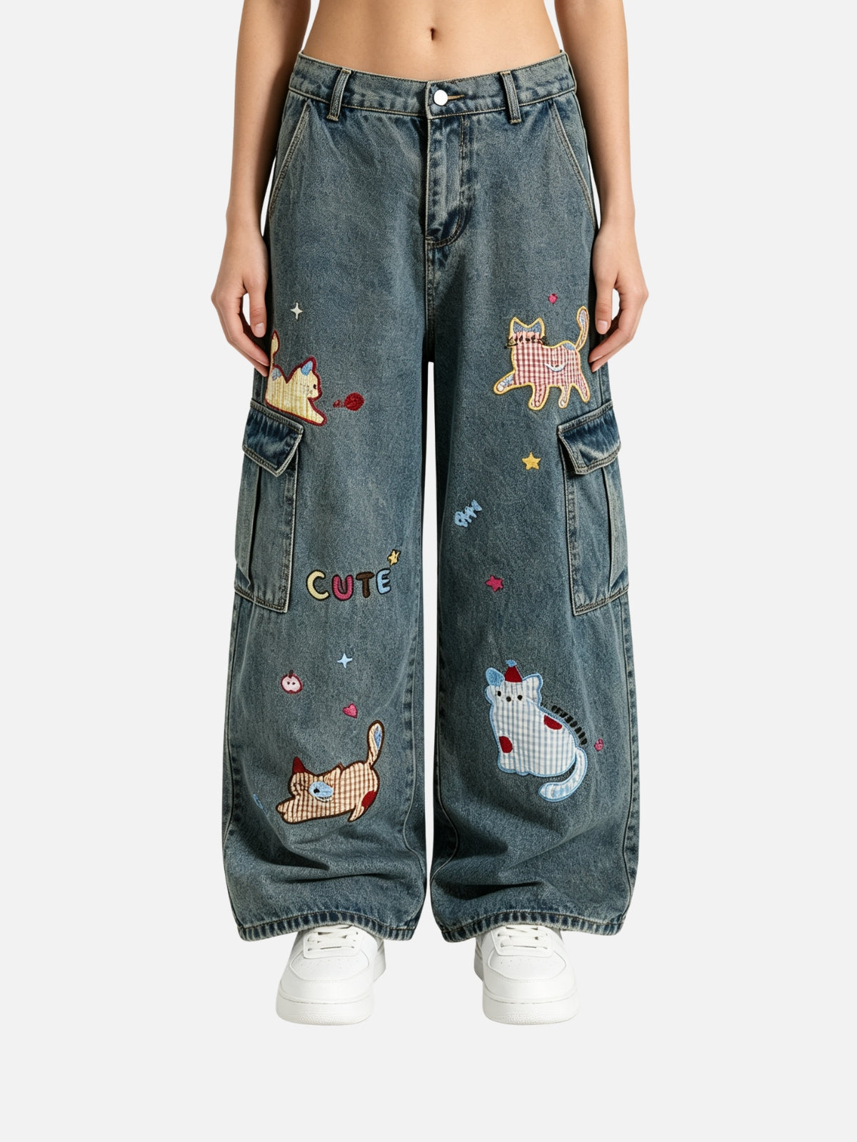 Haaura Cat Applique Baggy Cargo Jeans