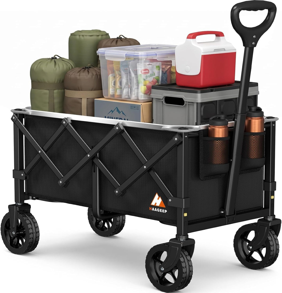 Collapsible Wagon Cart with Wheels, 280 lbs Heavy Duty Folding Wagon with Reflective Stripe, 600D Oxford Fabric, 360° All-Terrain Wheels & Adjustable Handle for Camping, Beach, Shopping, Black