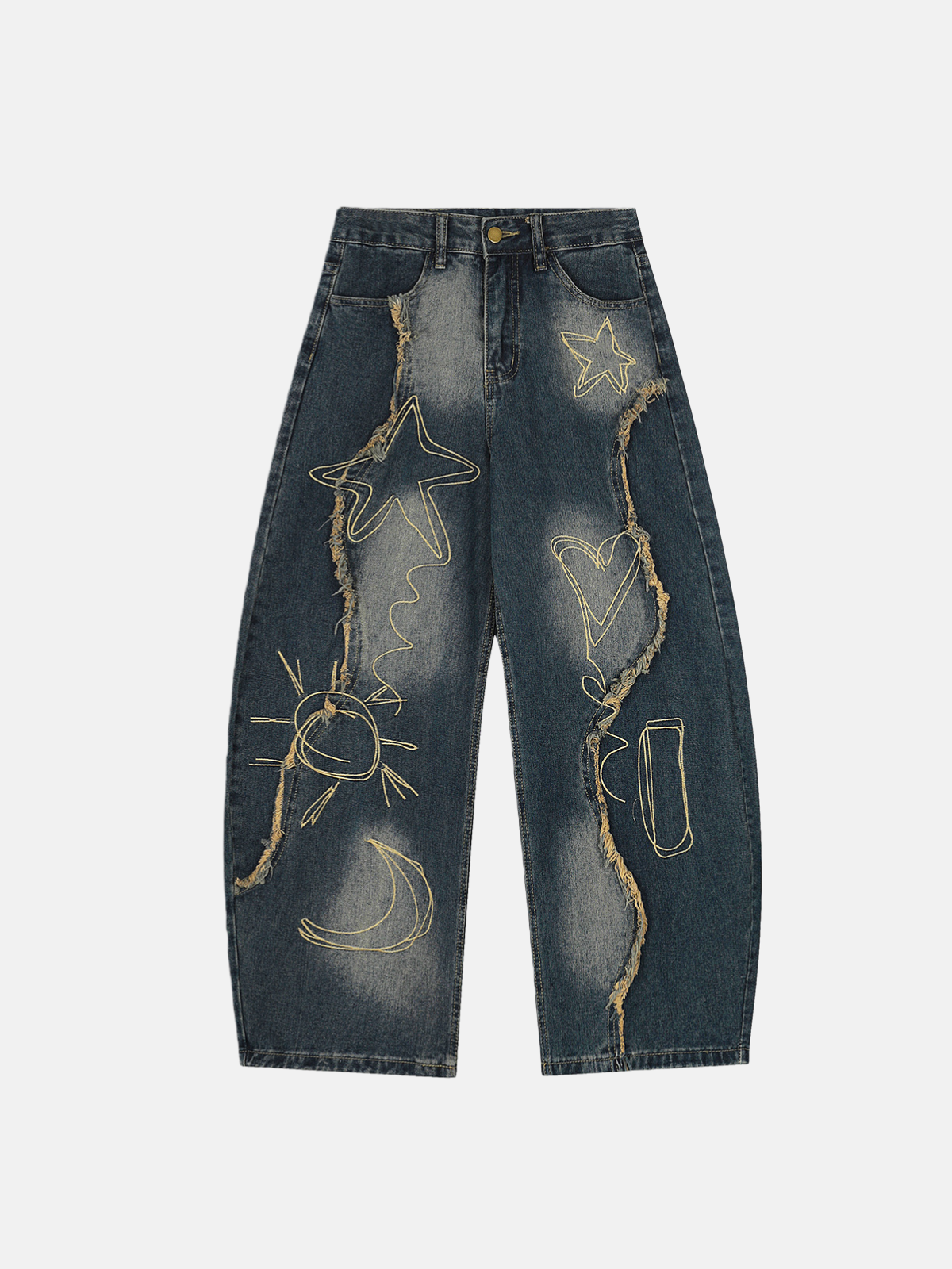 Haaura Astro Hearts Embroidered Raw Hem Super Baggy Jeans