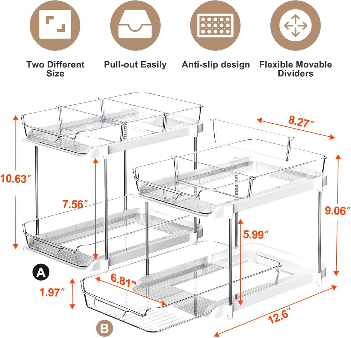 2-Pack 2-Tier Pull-Out Bathroom & Kitchen Organizers – Clear Acrylic Storage Drawers with 8 Movable Dividers, Stackable Cabinet Organizer for Under Sink, Pantry & Vanity