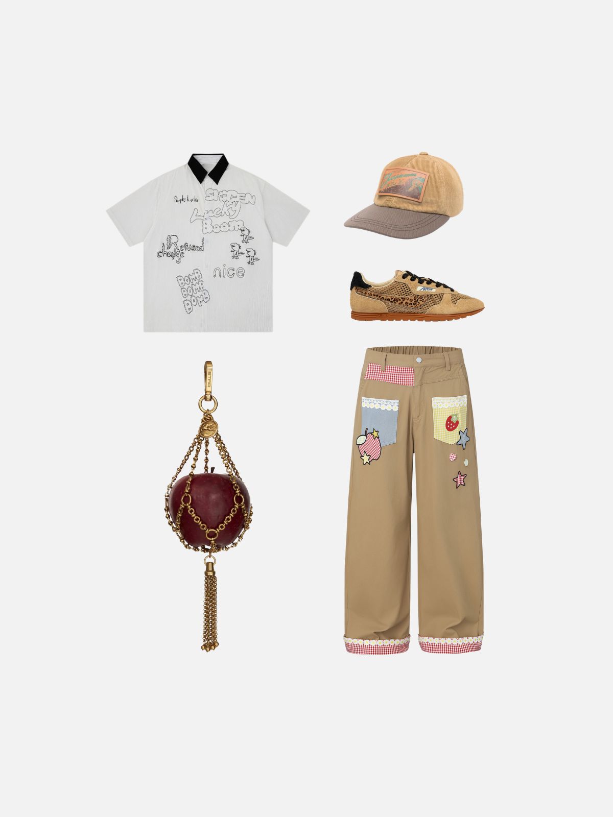 Haaura Patchwork Gingham Strawberry Baggy Pants
