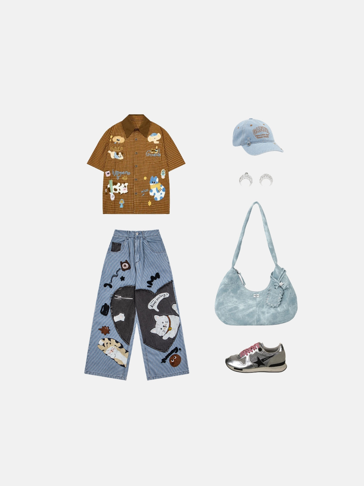 Haaura Cat Patchwork Striped Baggy Jeans