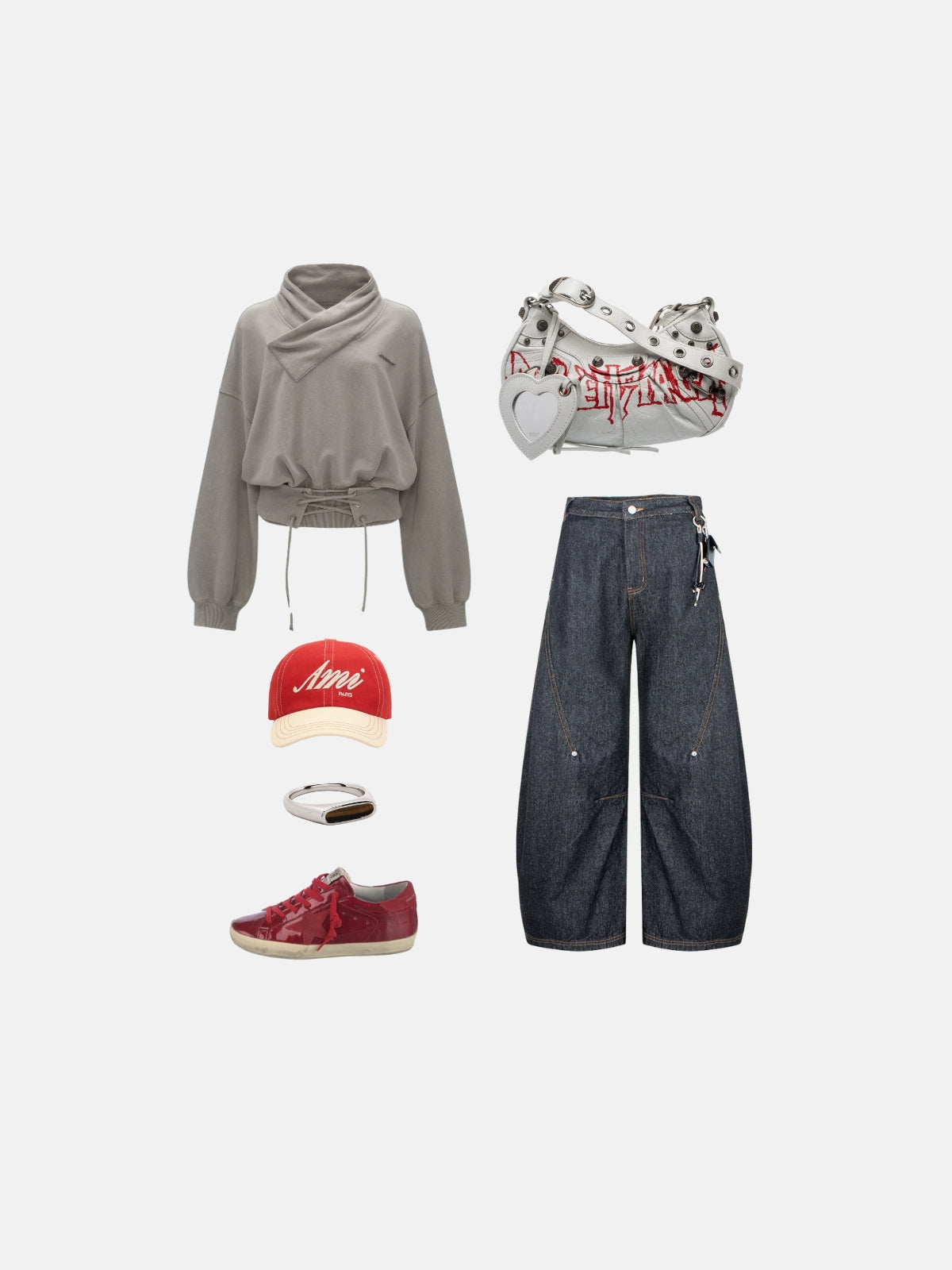 Haaura Contrast Stitch Buckle Baggy Barrel Jeans