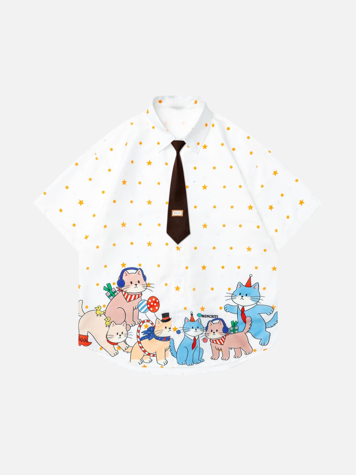 Haaura Cat Print Fake Tie Detail Bowling Shirt
