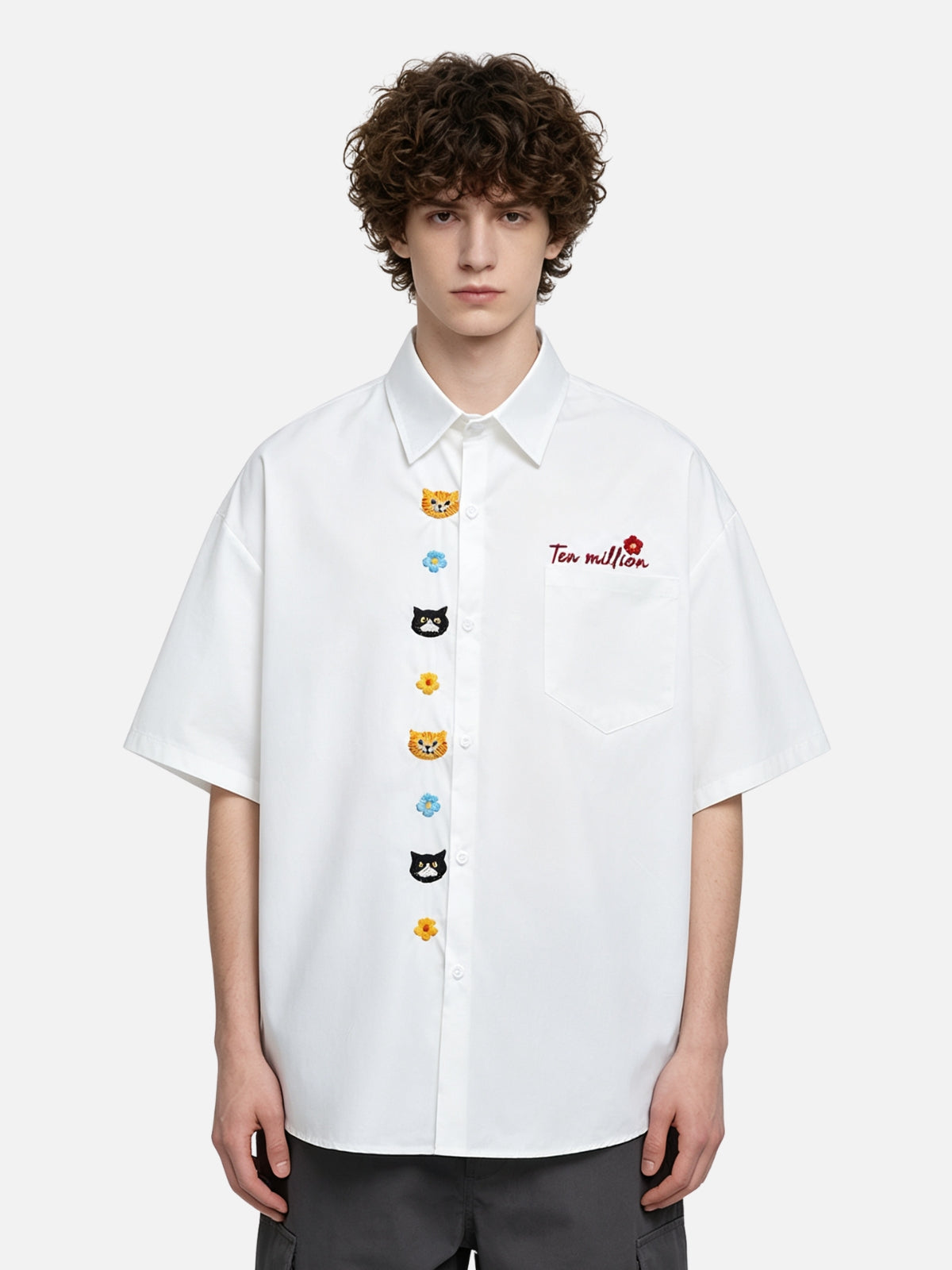 Haaura Cat Floral Embroidered Shirt