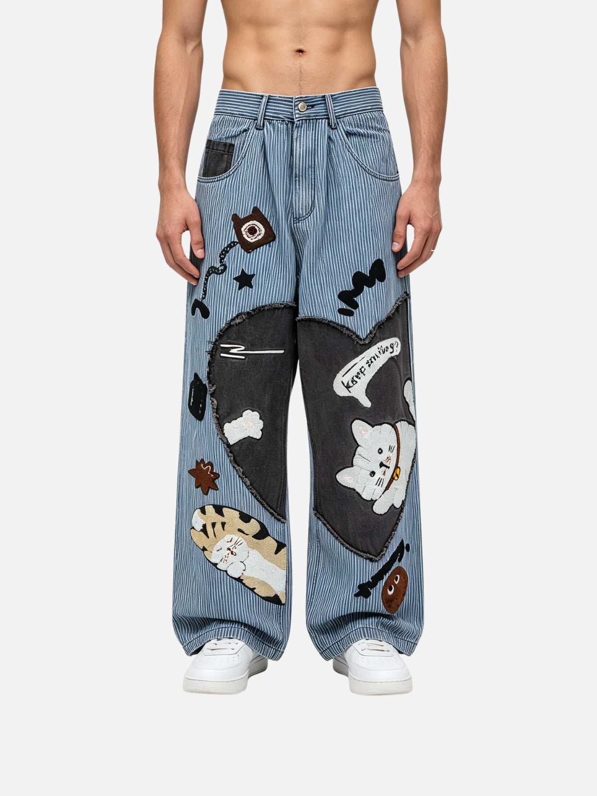 Haaura Cat Patchwork Striped Baggy Jeans