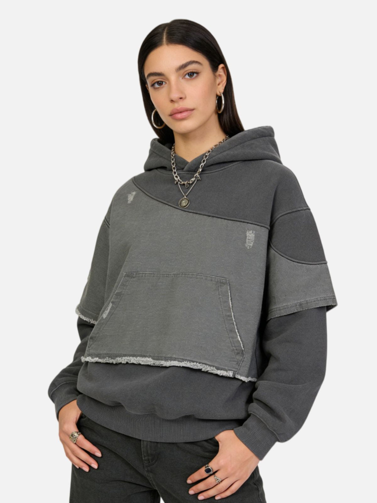 Haaura Oversized Distressed Panel Pullover Hoodie