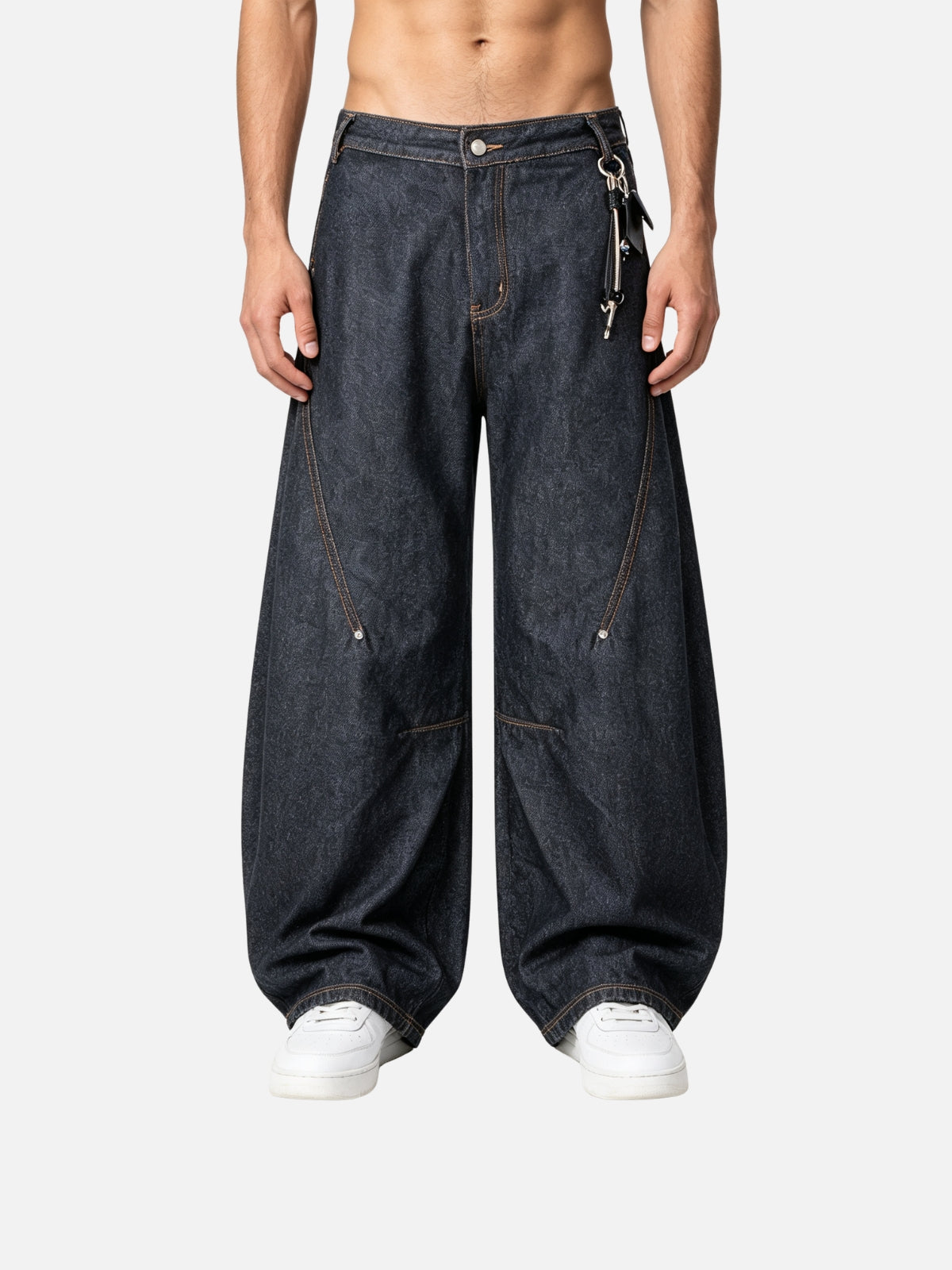 Haaura Contrast Stitch Buckle Baggy Barrel Jeans