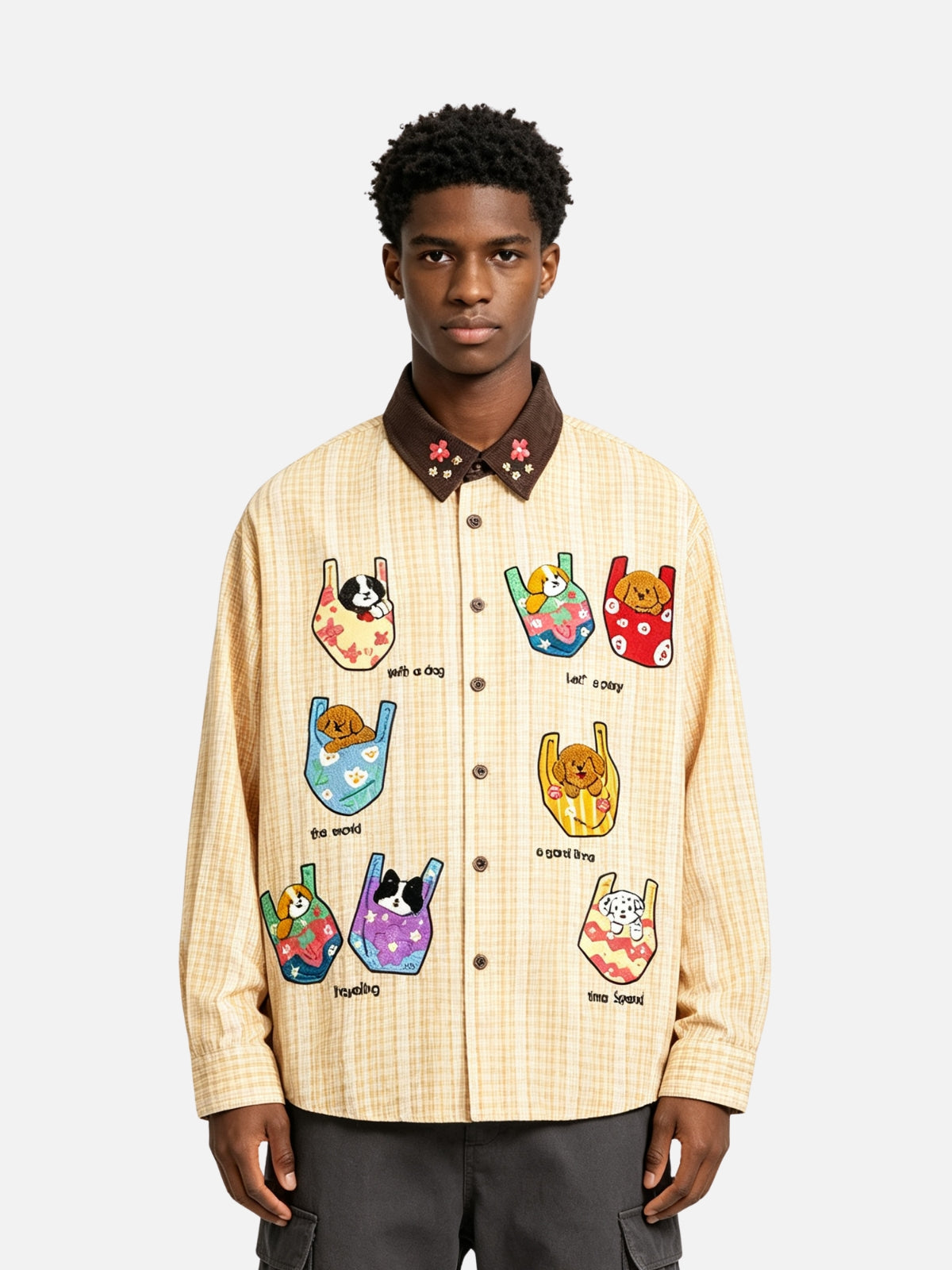 Haaura Pet Applique Plaid Contrast Collar Shirt