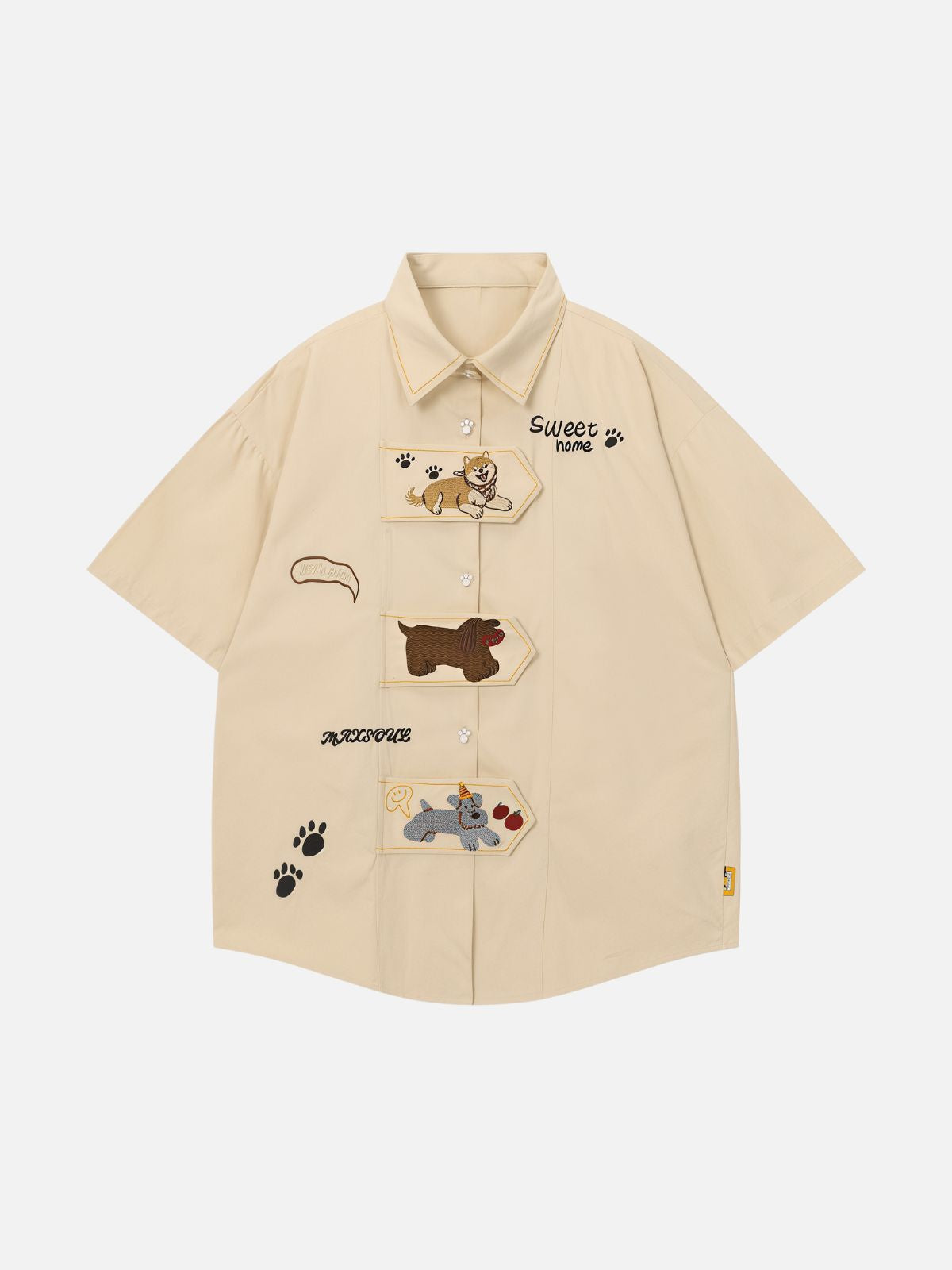 Haaura Vintage Dog Embroidered Contrast Collar Shirt