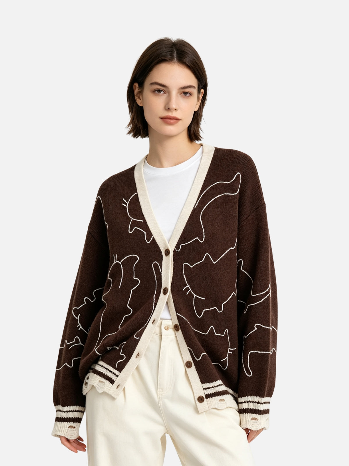 Haaura Distressed Line Art Cat Cardigan