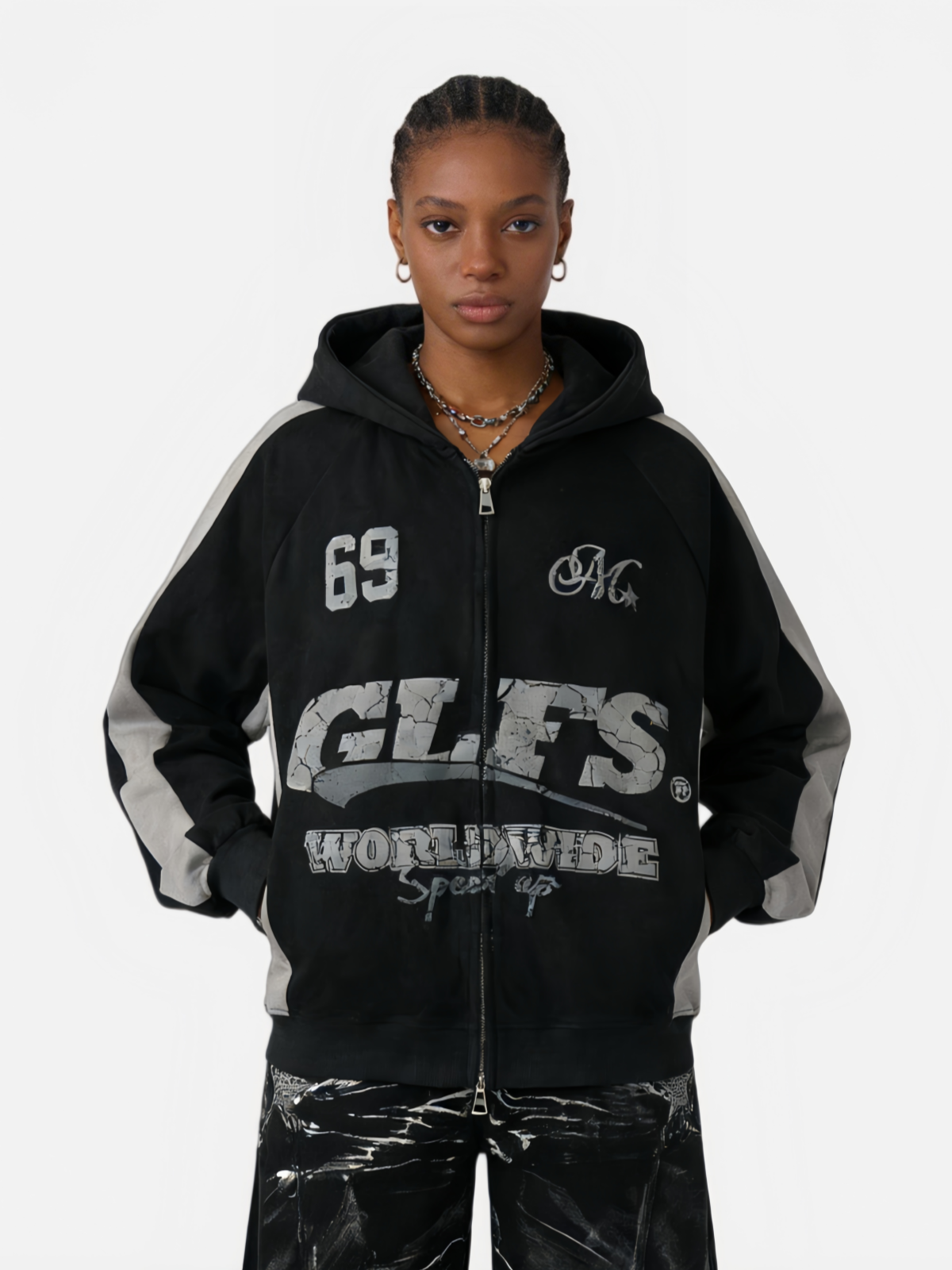 Haaura Contrast Sleeve Distressed Graphic Boxy Zip Up Hoodie