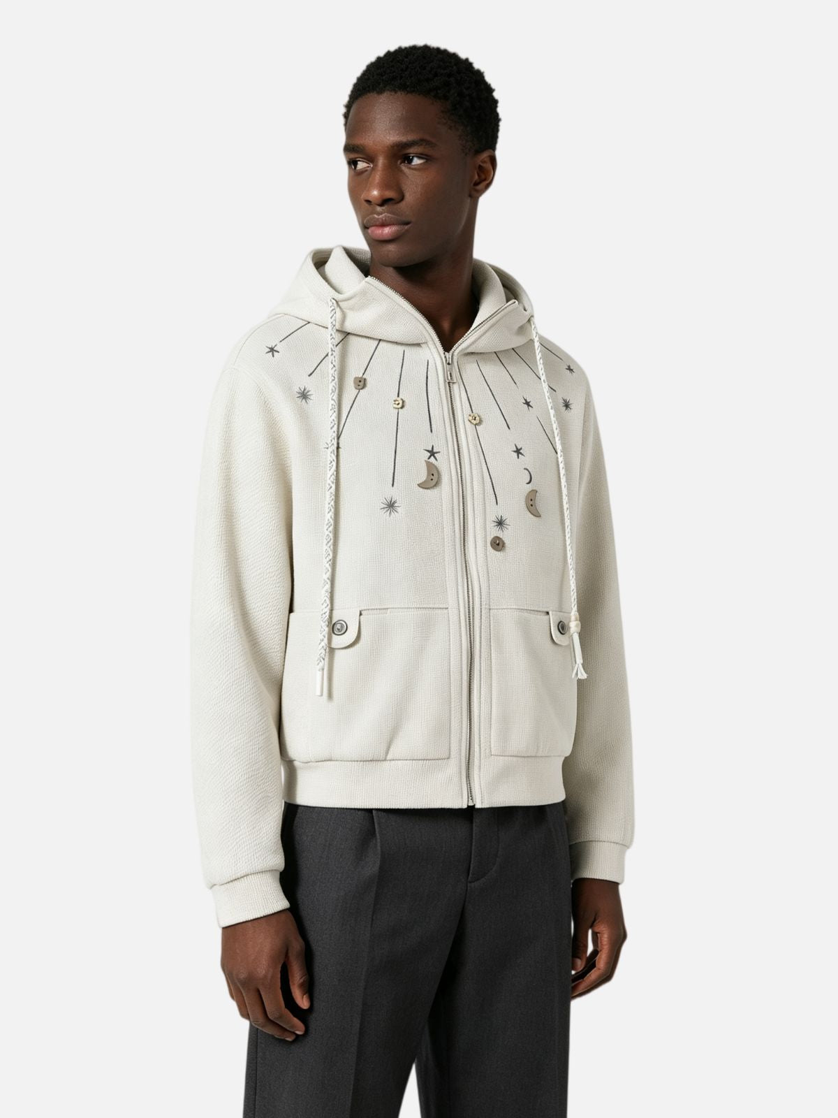 Haaura Boxy Celestial Embroidered Textured Zip Up Hoodie