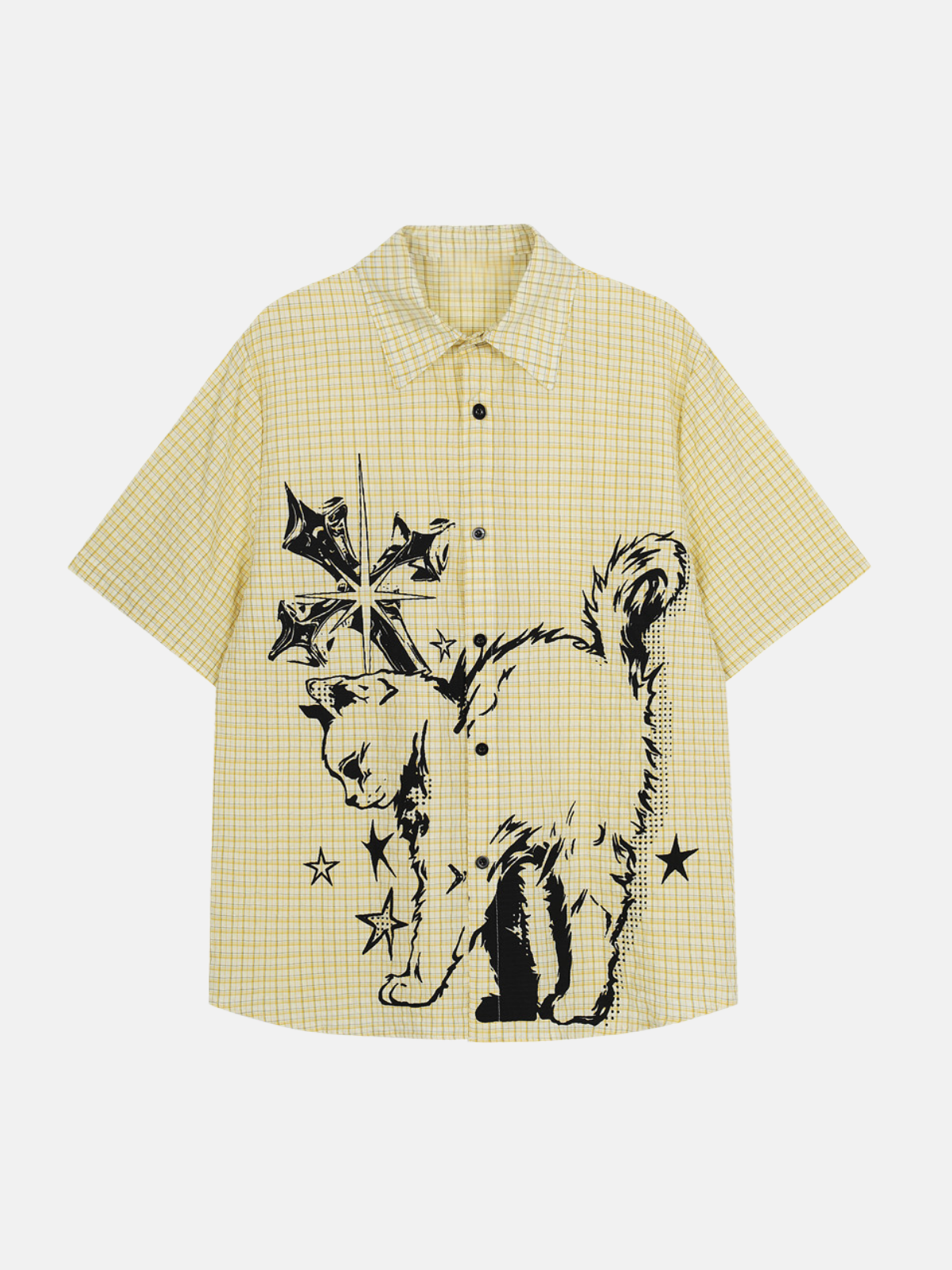 Haaura Cat Sketch Plaid Short Sleeve Shirt