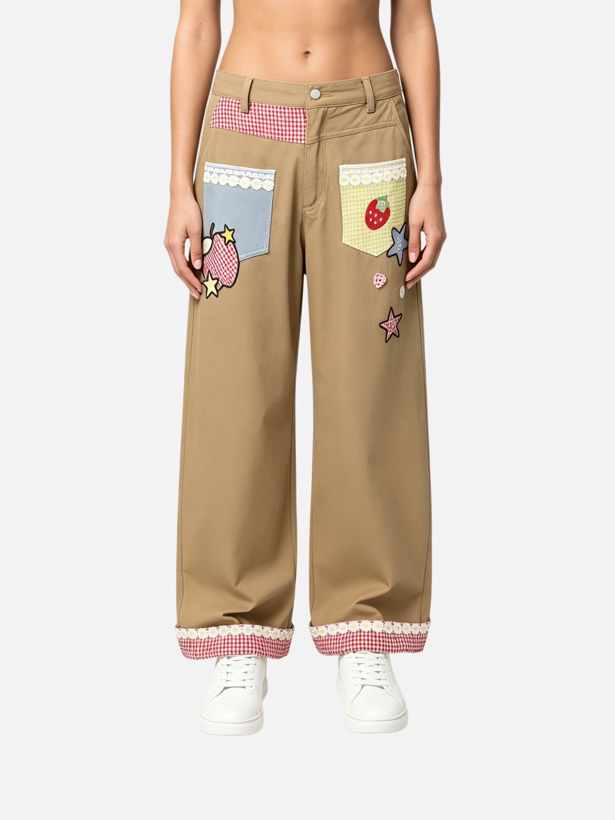 Haaura Patchwork Gingham Strawberry Baggy Pants