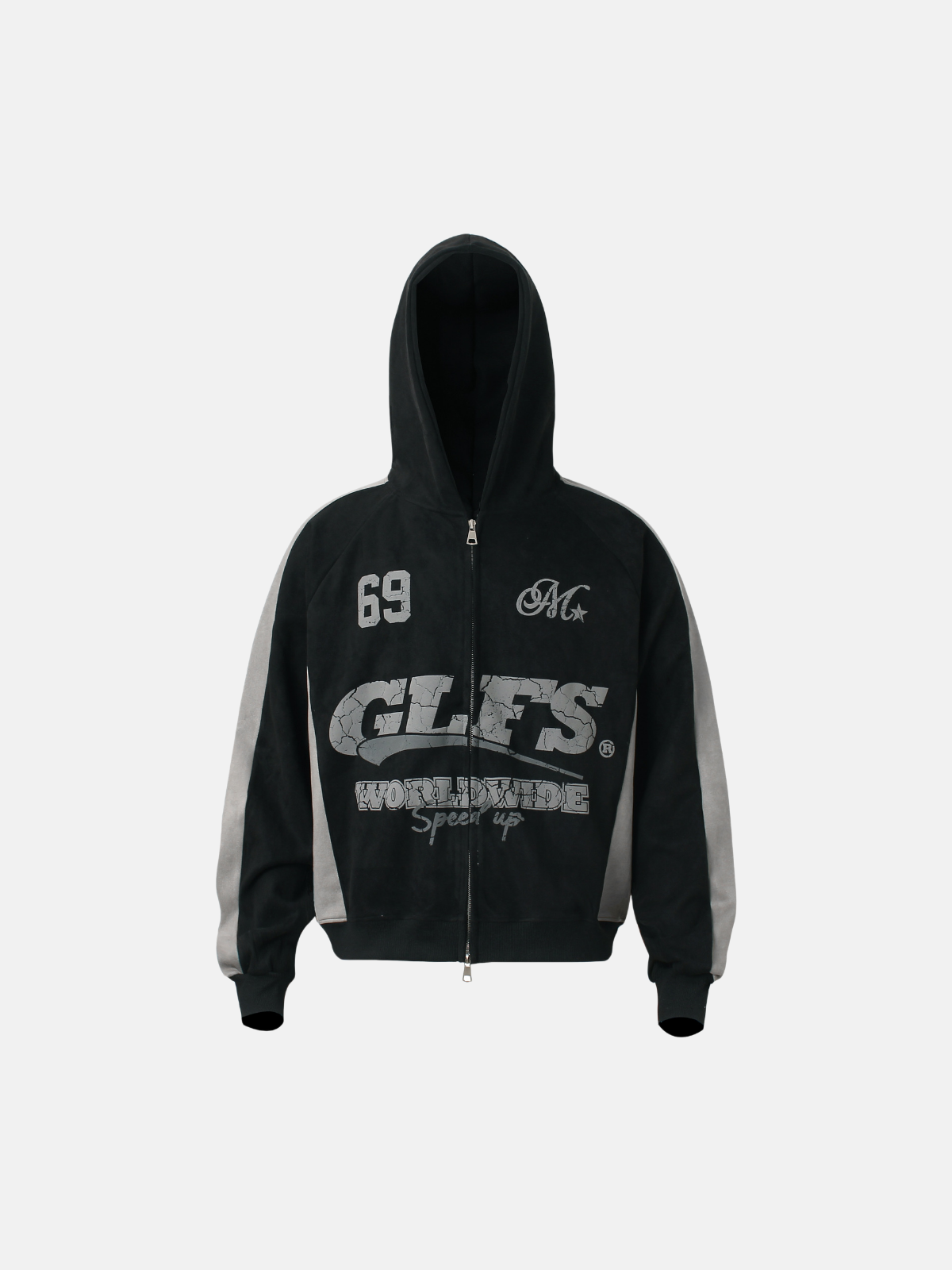 Haaura Contrast Sleeve Distressed Graphic Boxy Zip Up Hoodie