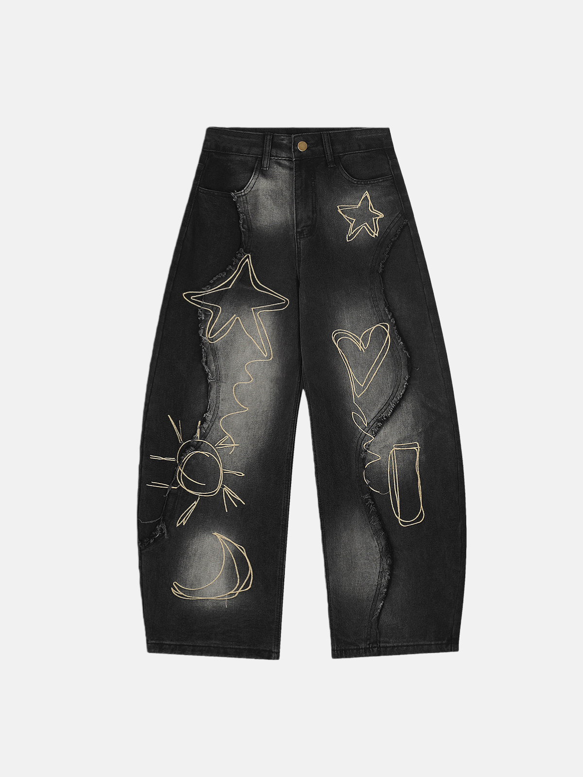 Haaura Astro Hearts Embroidered Raw Hem Super Baggy Jeans
