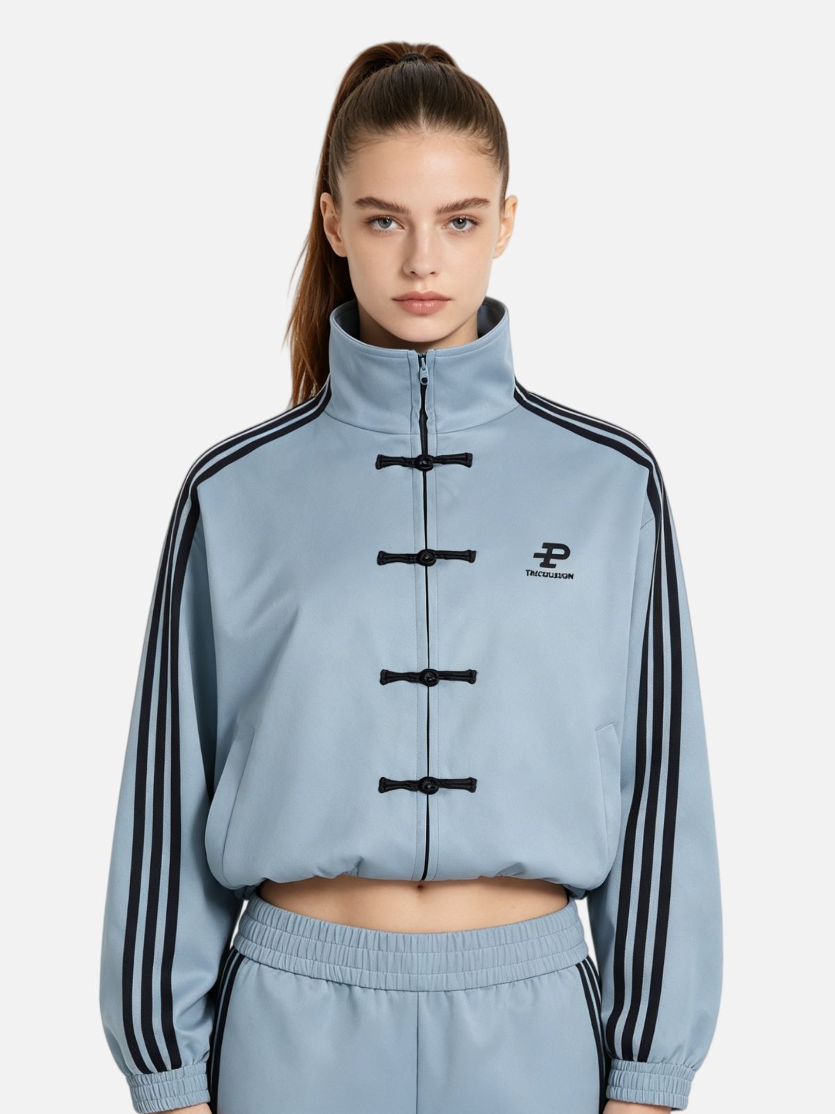 Haaura Frog Closure Striped Sleeve Stand Collar Jacket