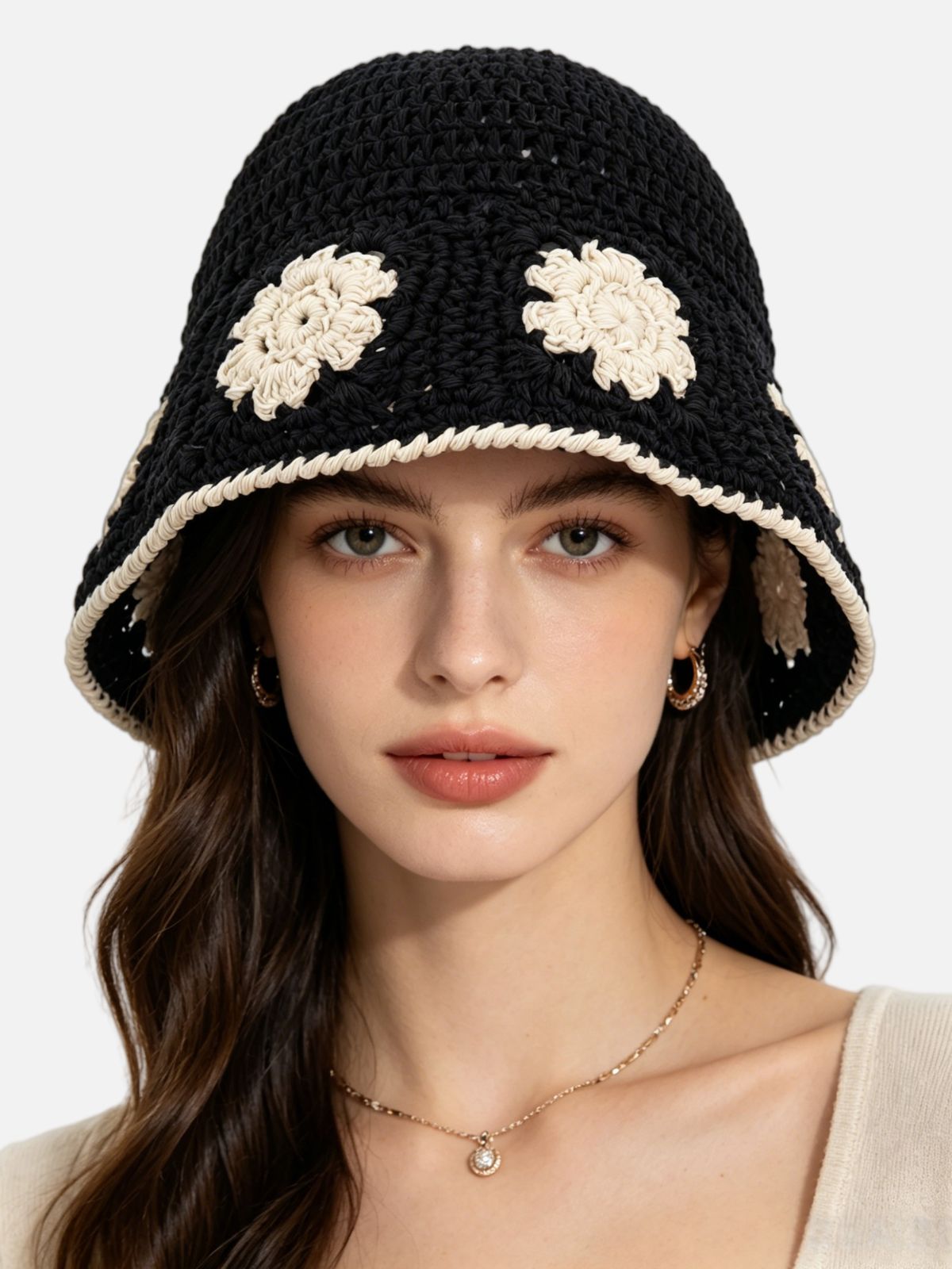 Crochet Floral Embroidery Bucket Hat