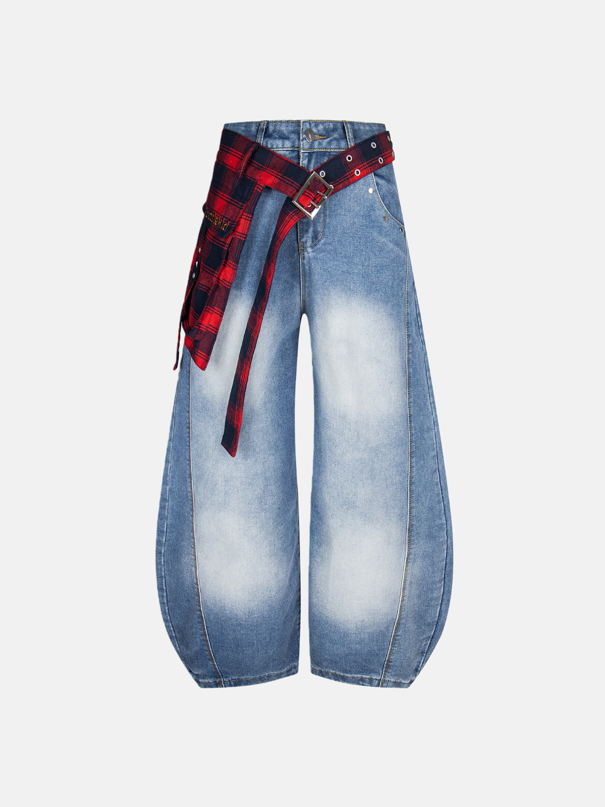 Haaura Plaid Shirt Belt Ombré Lantern Jeans