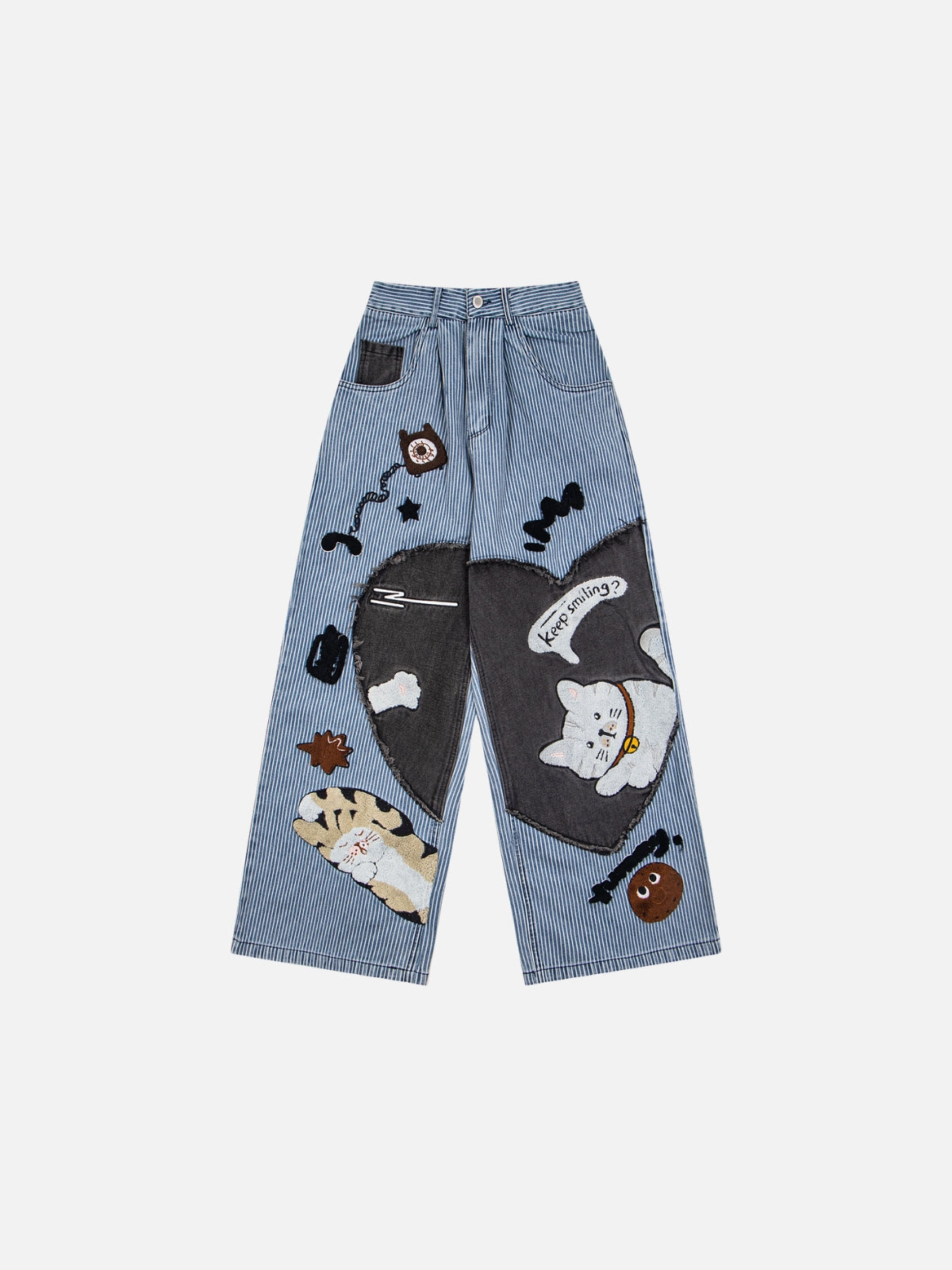 Haaura Cat Patchwork Striped Baggy Jeans