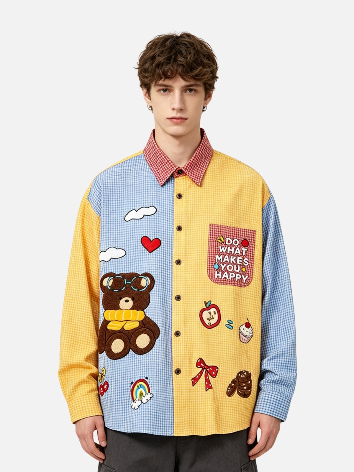 Haaura Teddy Bear Embroidered Patchwork Shirt