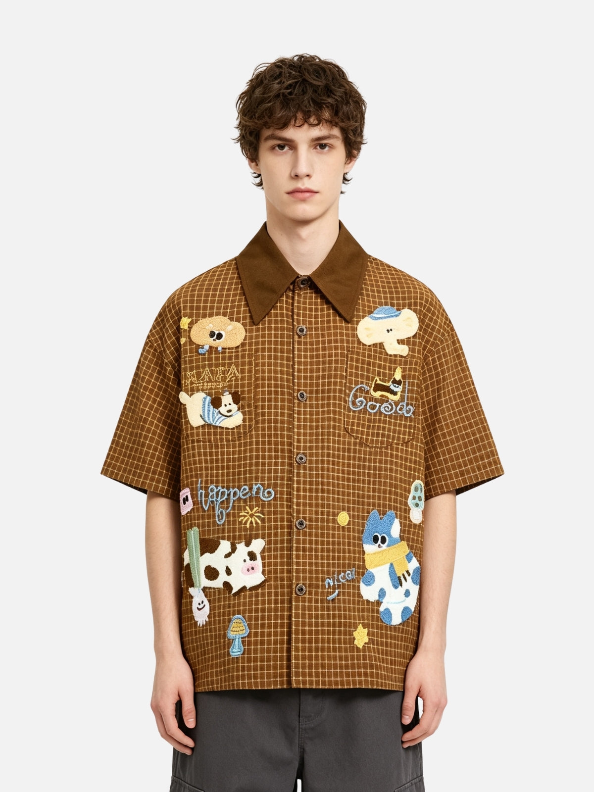 Haaura Animal Applique Plaid Contrast Collar Shirt