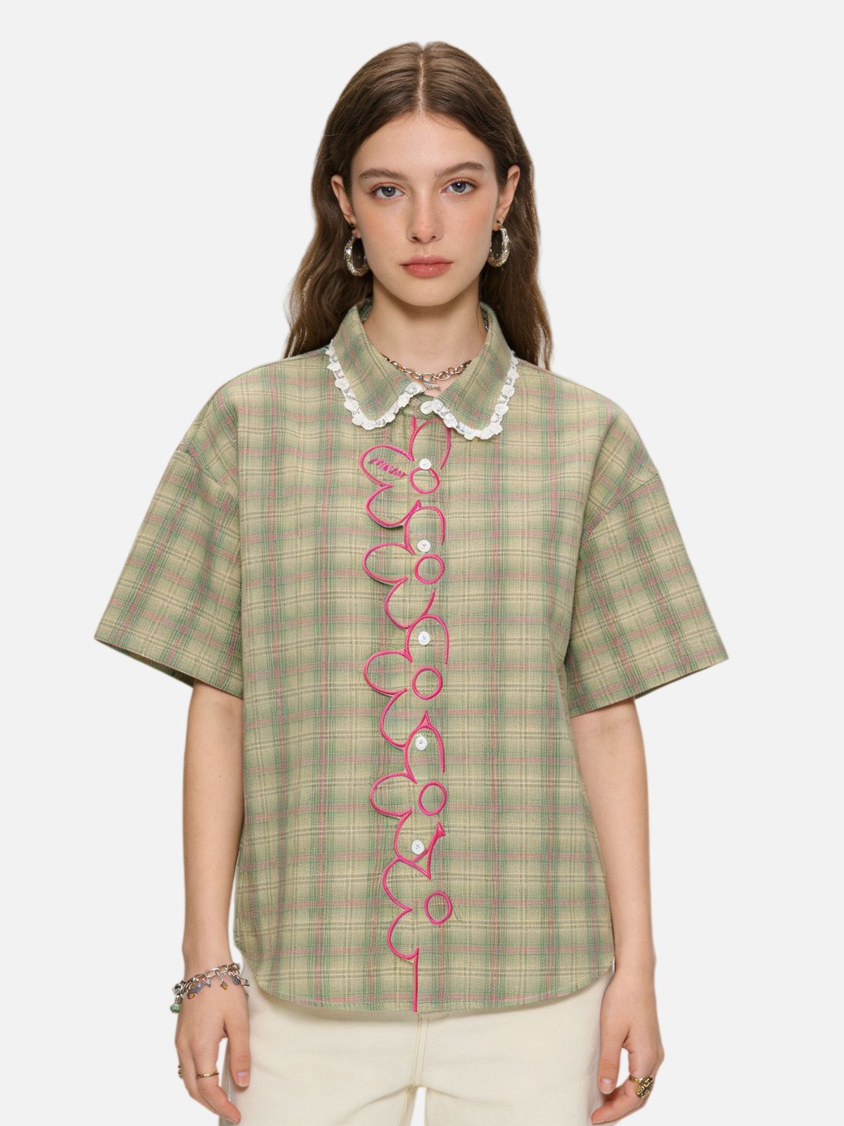 Haaura Lace Collar Plaid Shirt