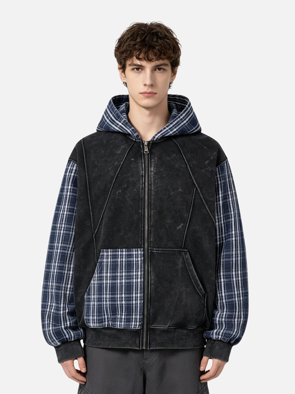Haaura Plaid Patchwork Zip Up Hoodie