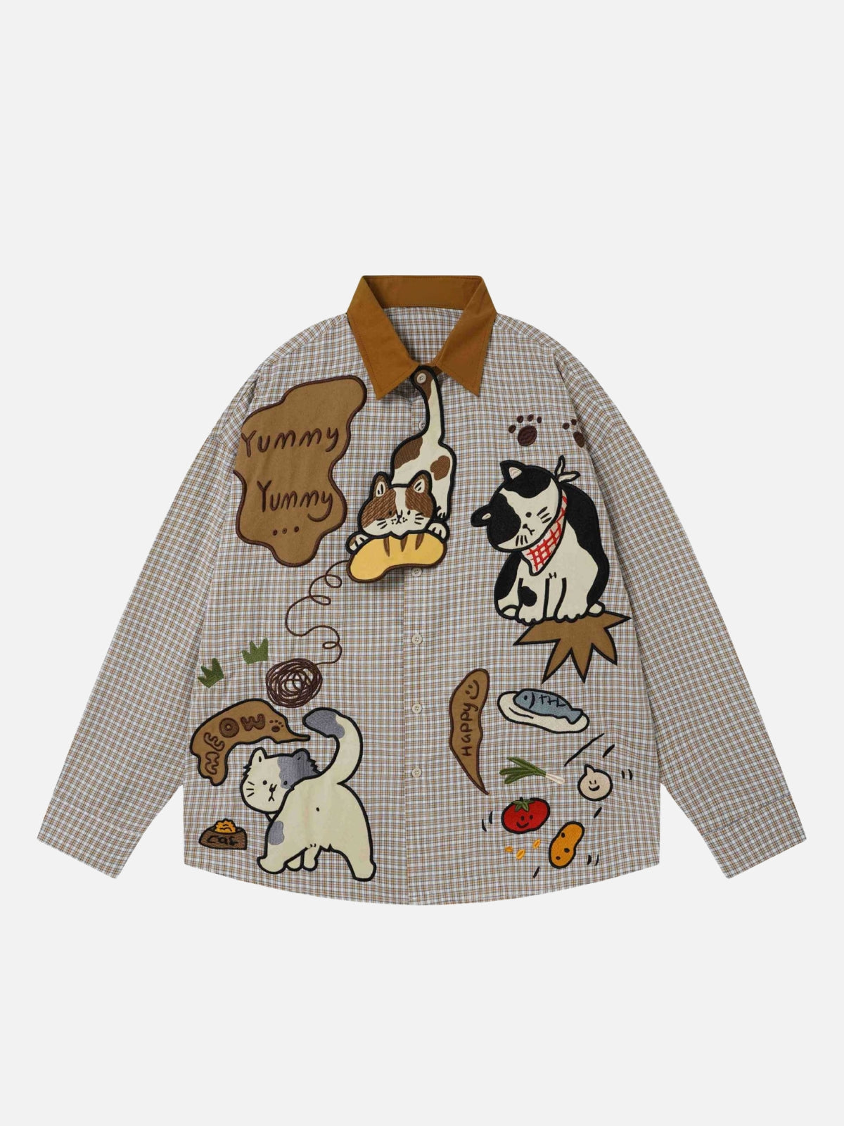 Haaura Cat Applique Plaid Contrast Collar Shirt