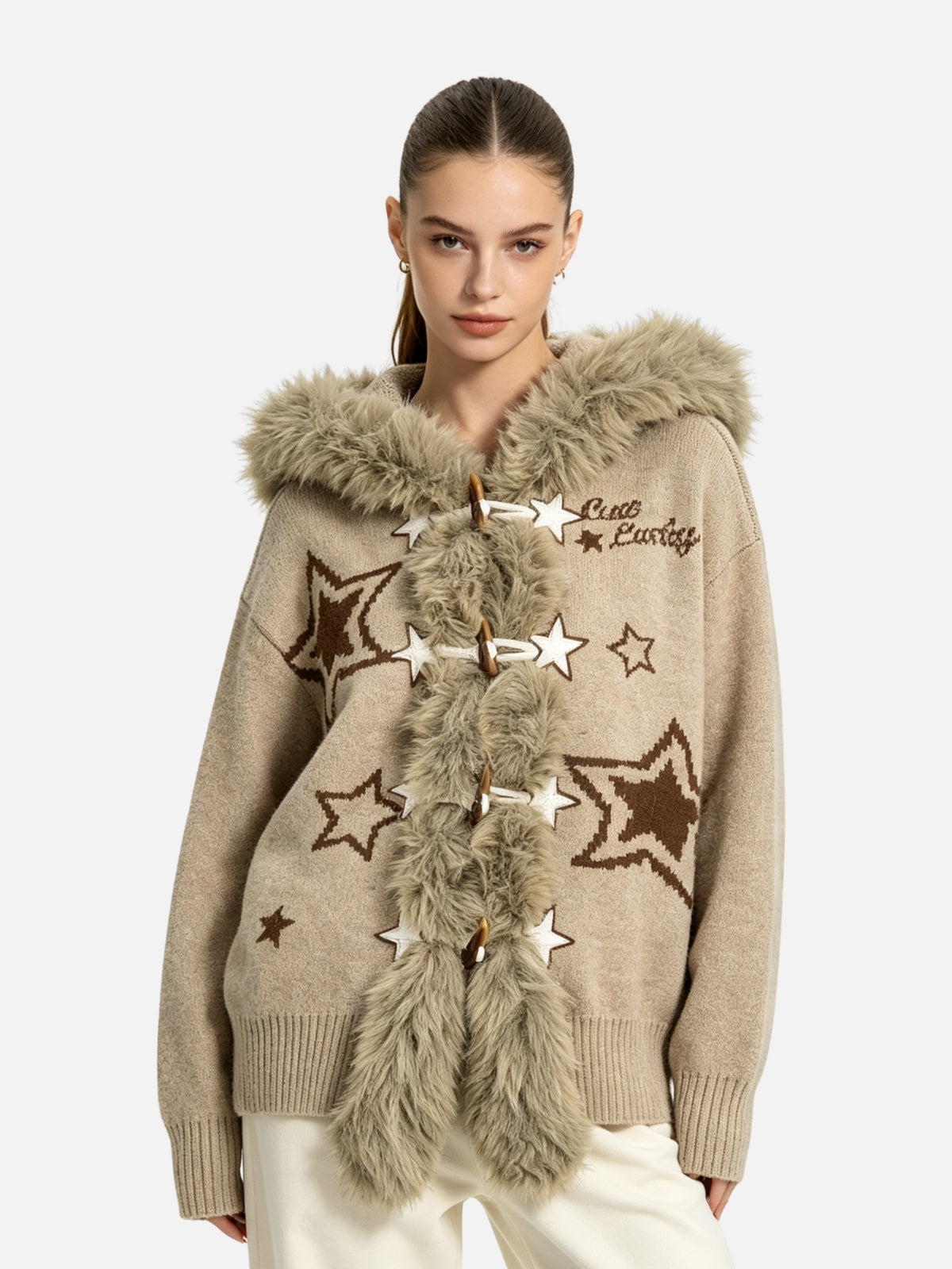 Haaura Fur Trim Star Hooded Cardigan