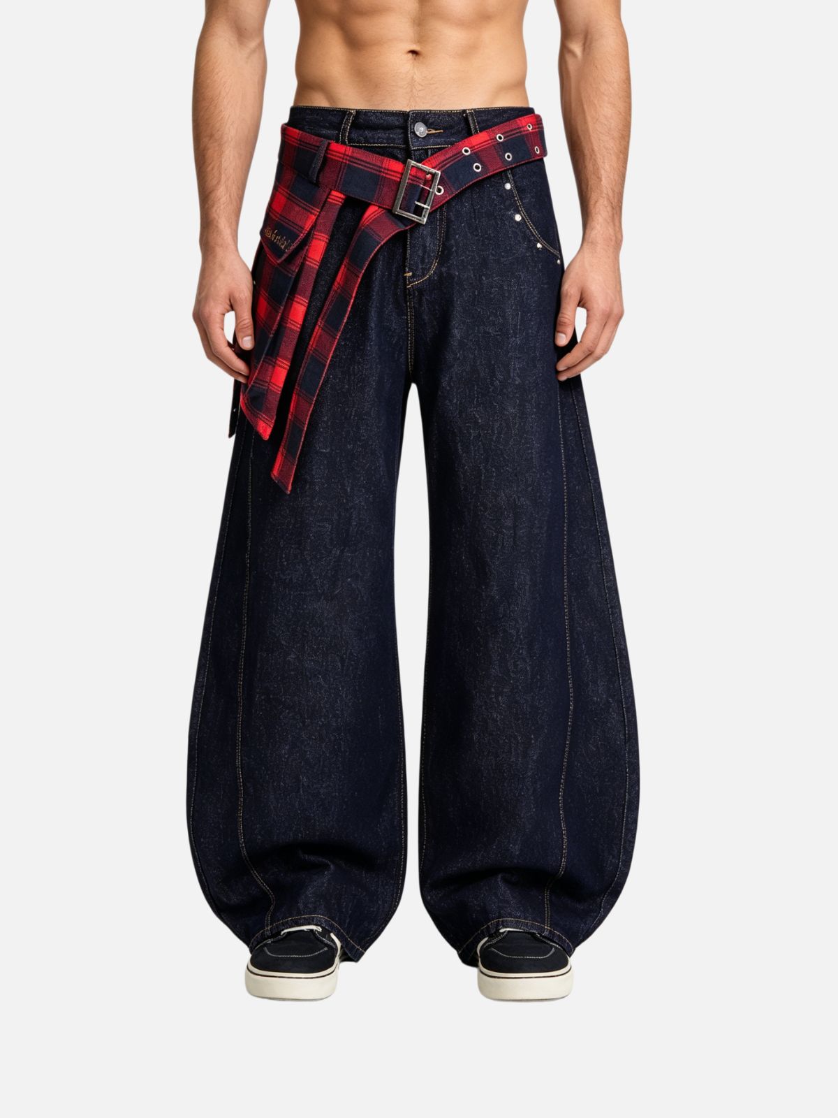 Haaura Plaid Shirt Belt Ombré Lantern Jeans