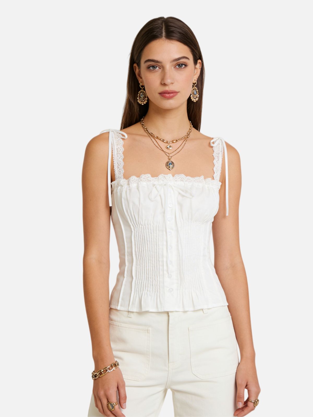 Haaura Lace Bow Tie Front Ruched Cami Top