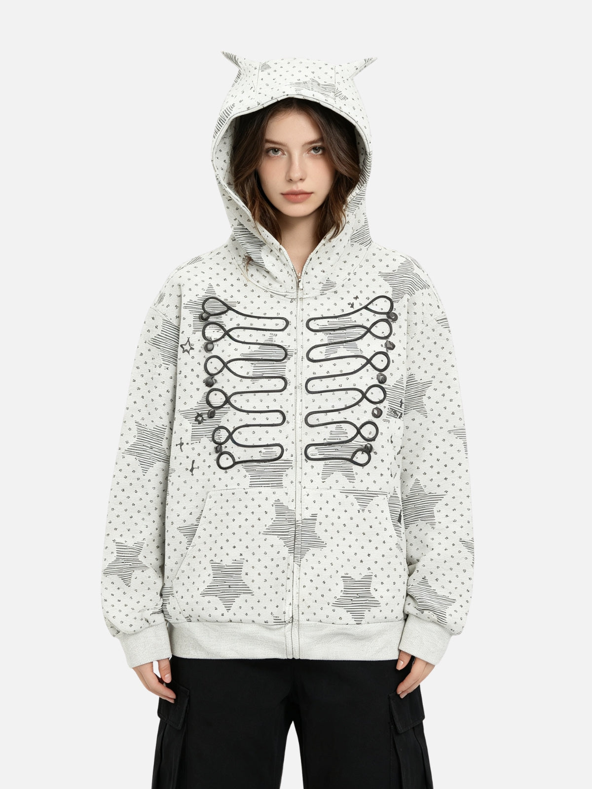 Haaura Cat Ear Grommet Zip Up Hoodie